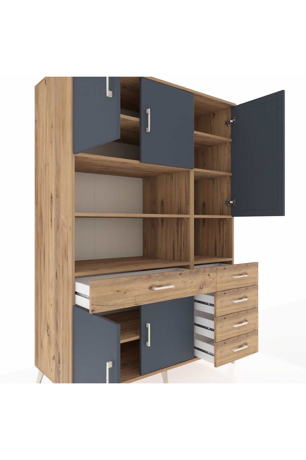 Kronos Dolap 9 Raflı 5 Çekmeceli 5 Kapaklı 132x59x195 Çam-Antrasit/Çam