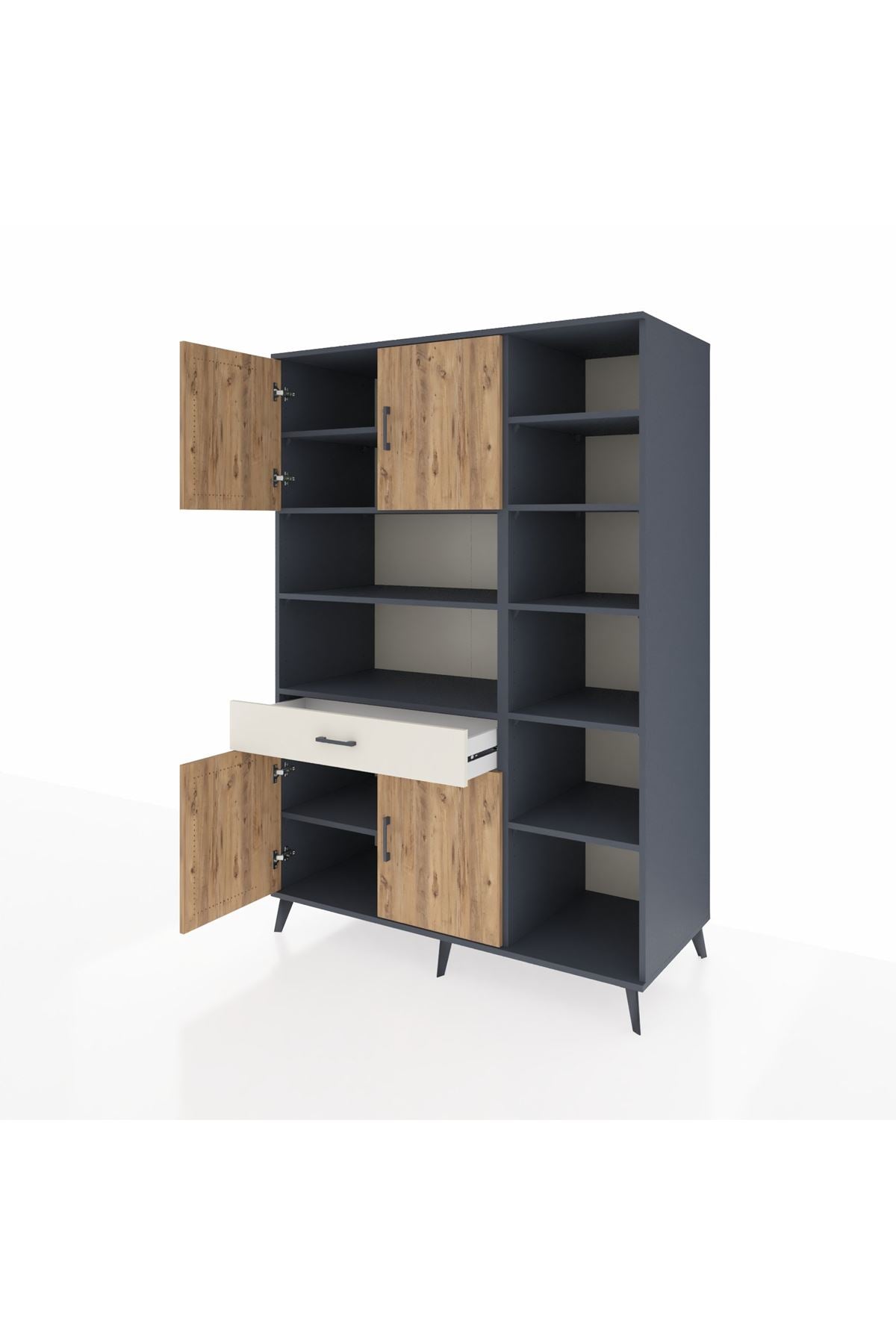 Kronos Dolap 10 Raflı Tek Çekmeceli 4 Kapaklı 132x59x195 Antrasit-Çam/Aytaşı