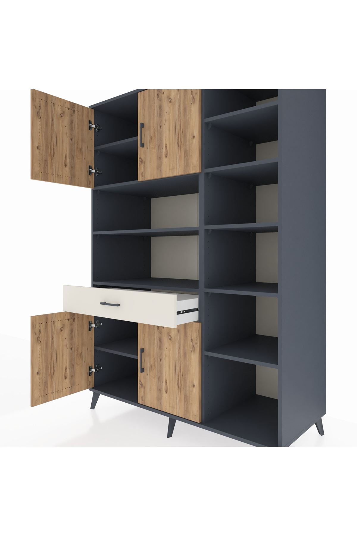 Kronos Dolap 10 Raflı Tek Çekmeceli 4 Kapaklı 132x59x195 Antrasit-Çam/Aytaşı