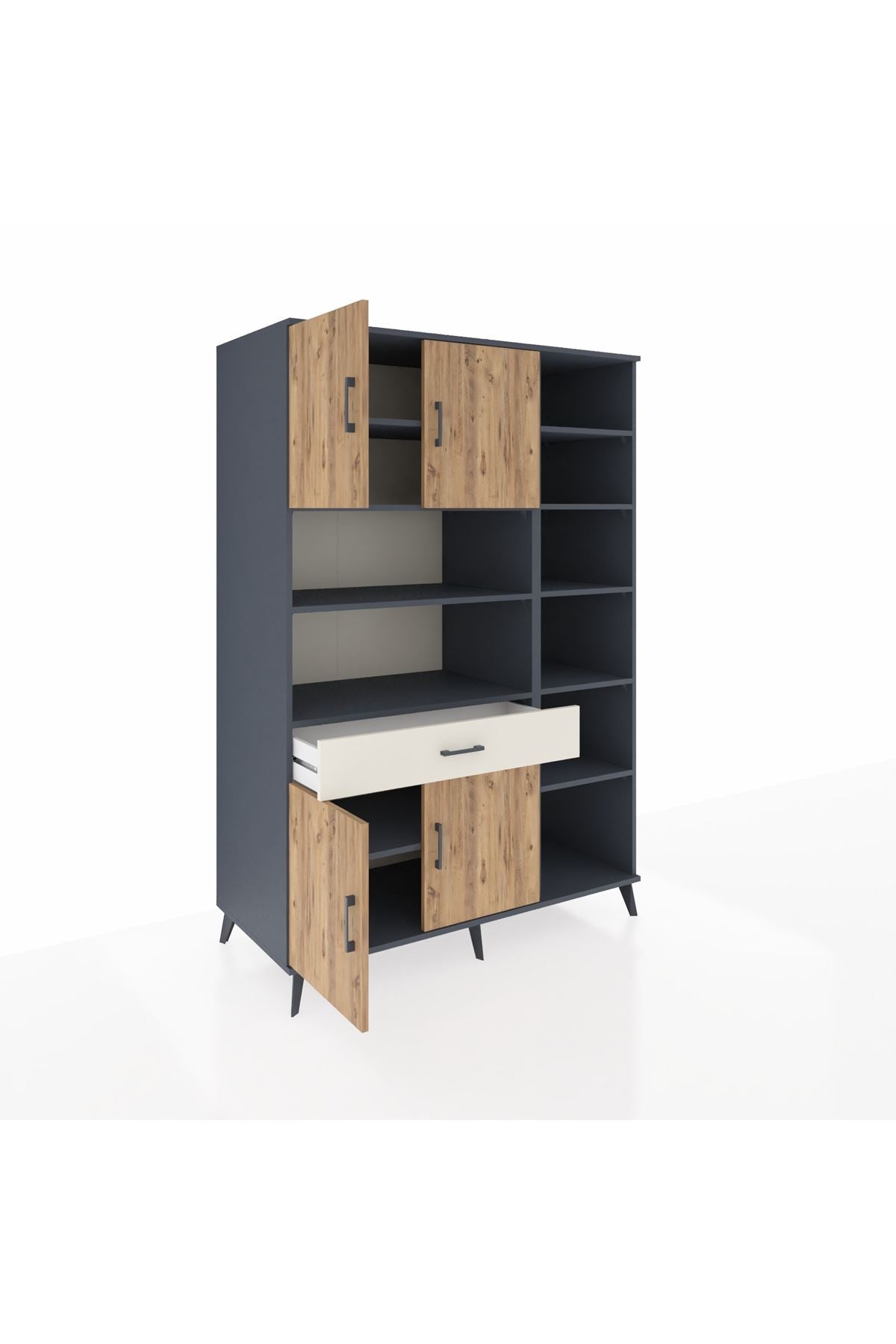 Kronos Dolap 10 Raflı Tek Çekmeceli 4 Kapaklı 132x59x195 Antrasit-Çam/Aytaşı
