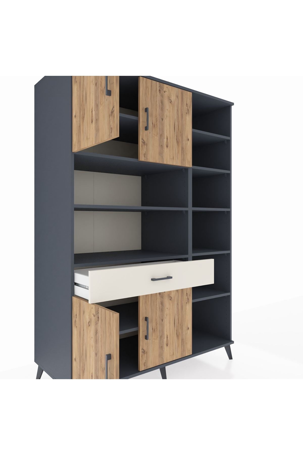 Kronos Dolap 10 Raflı Tek Çekmeceli 4 Kapaklı 132x59x195 Antrasit-Çam/Aytaşı