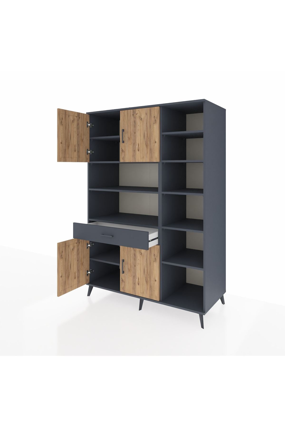 Kronos Dolap 10 Raflı Tek Çekmeceli 4 Kapaklı 132x59x195 Antrasit-Çam/Antrasit