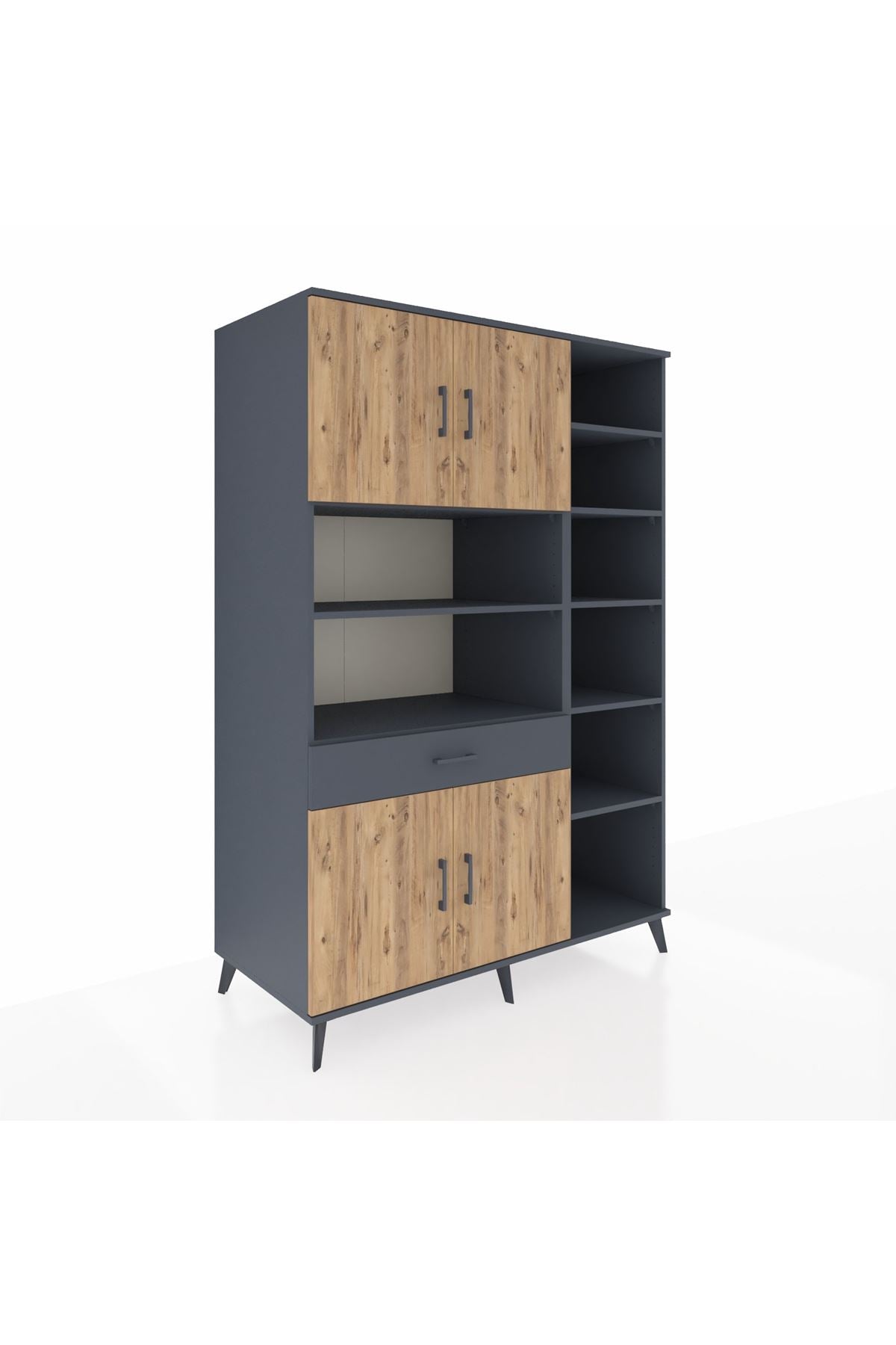 Kronos Dolap 10 Raflı Tek Çekmeceli 4 Kapaklı 132x59x195 Antrasit-Çam/Antrasit