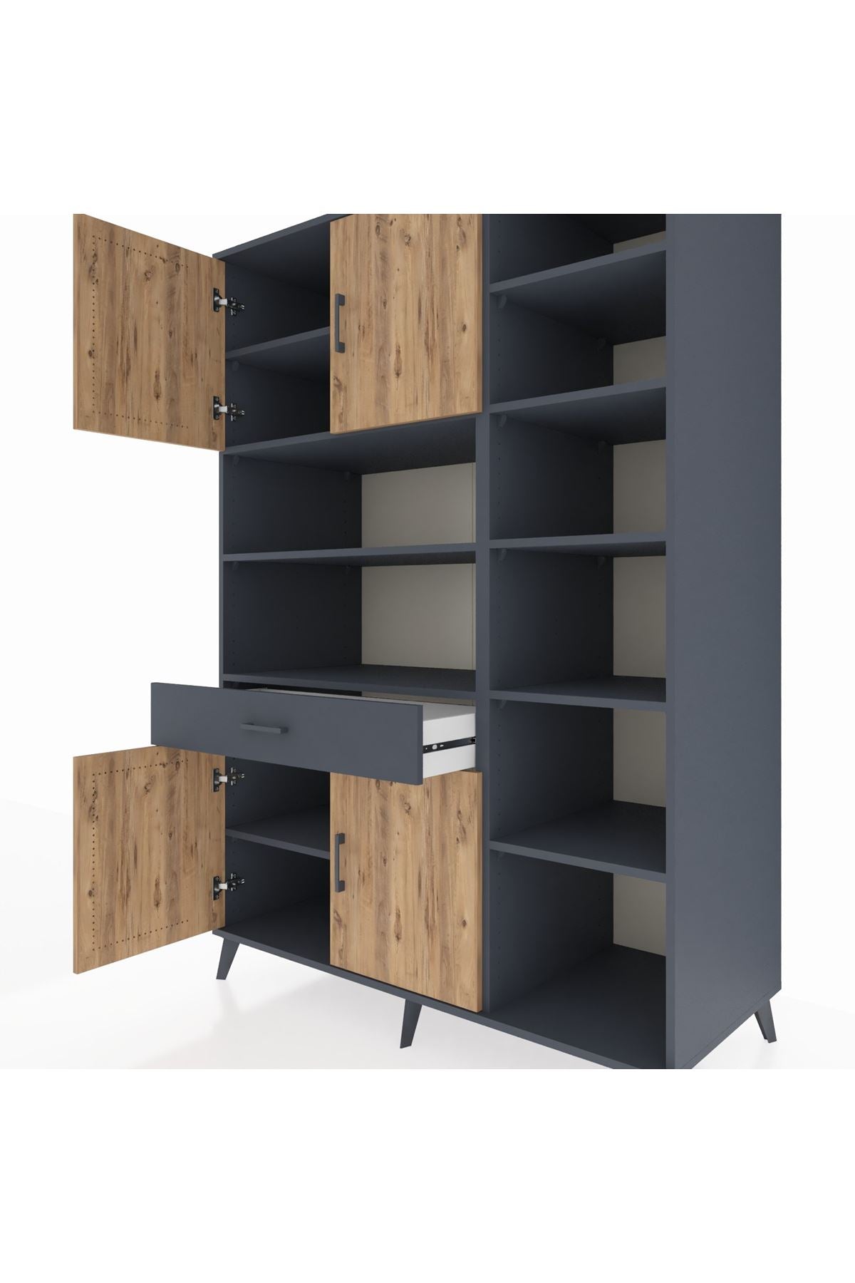 Kronos Dolap 10 Raflı Tek Çekmeceli 4 Kapaklı 132x59x195 Antrasit-Çam/Antrasit