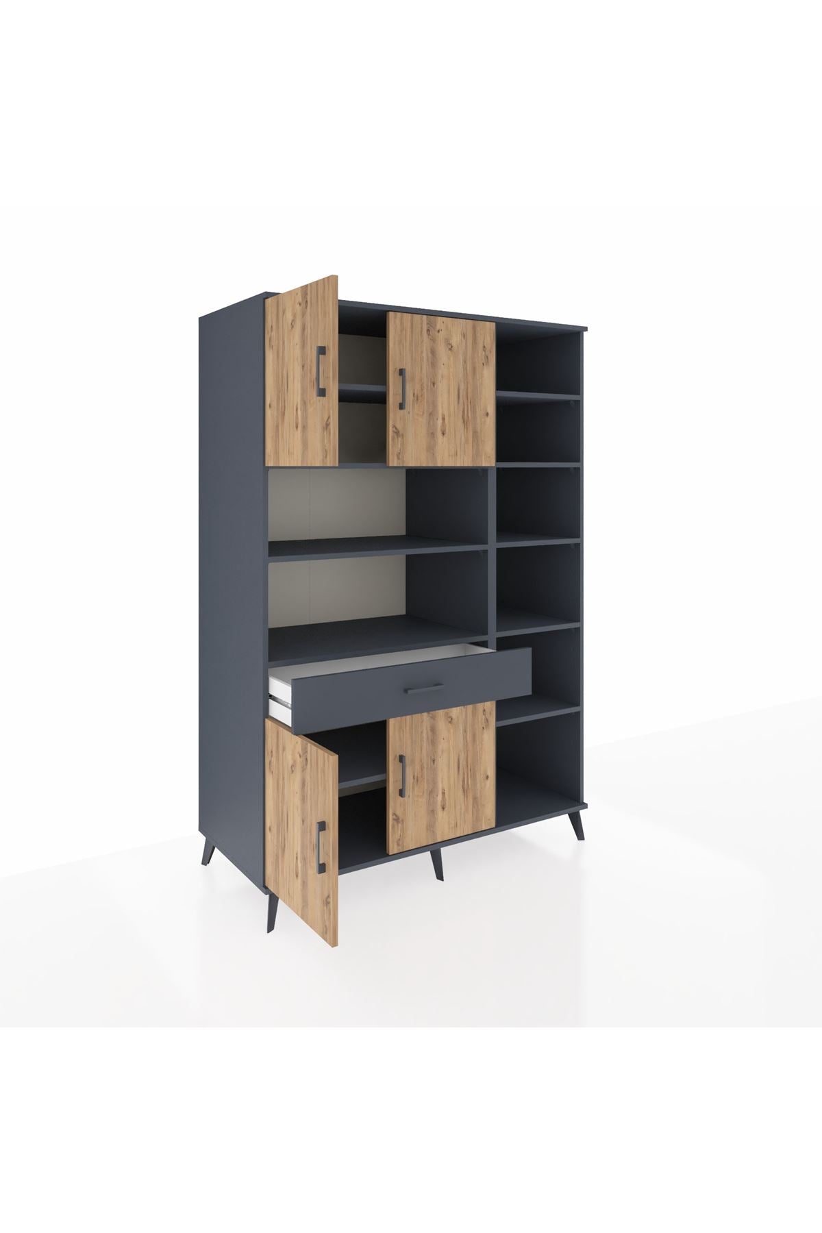 Kronos Dolap 10 Raflı Tek Çekmeceli 4 Kapaklı 132x59x195 Antrasit-Çam/Antrasit