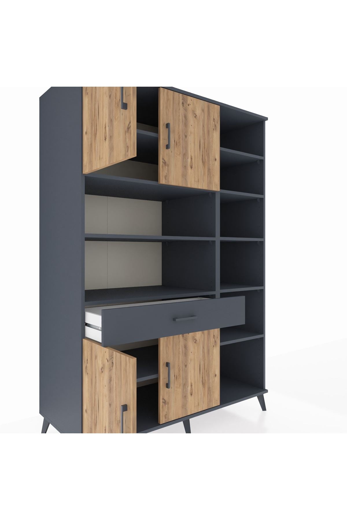 Kronos Dolap 10 Raflı Tek Çekmeceli 4 Kapaklı 132x59x195 Antrasit-Çam/Antrasit