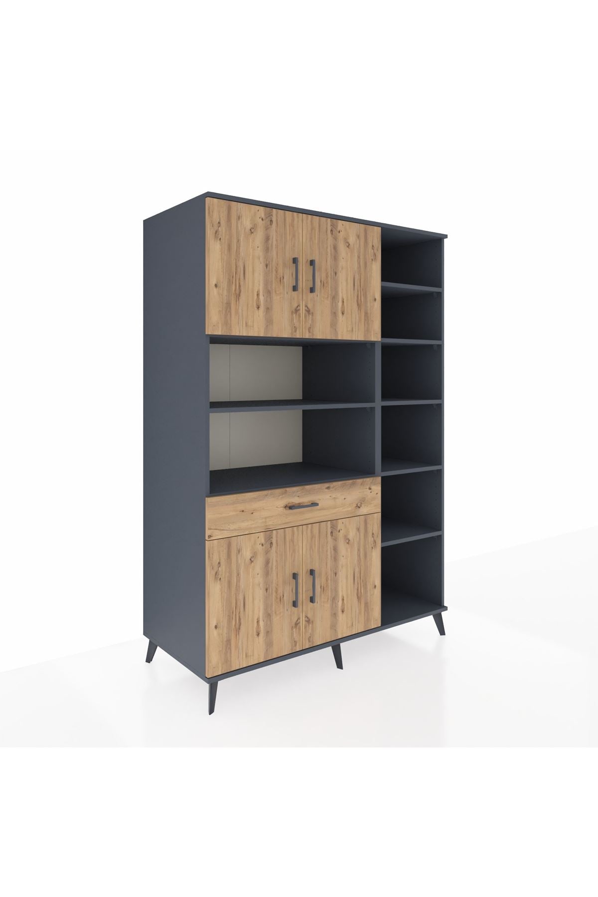 Kronos Dolap 10 Raflı Tek Çekmeceli 4 Kapaklı 132x59x195 Antrasit-Çam/Çam