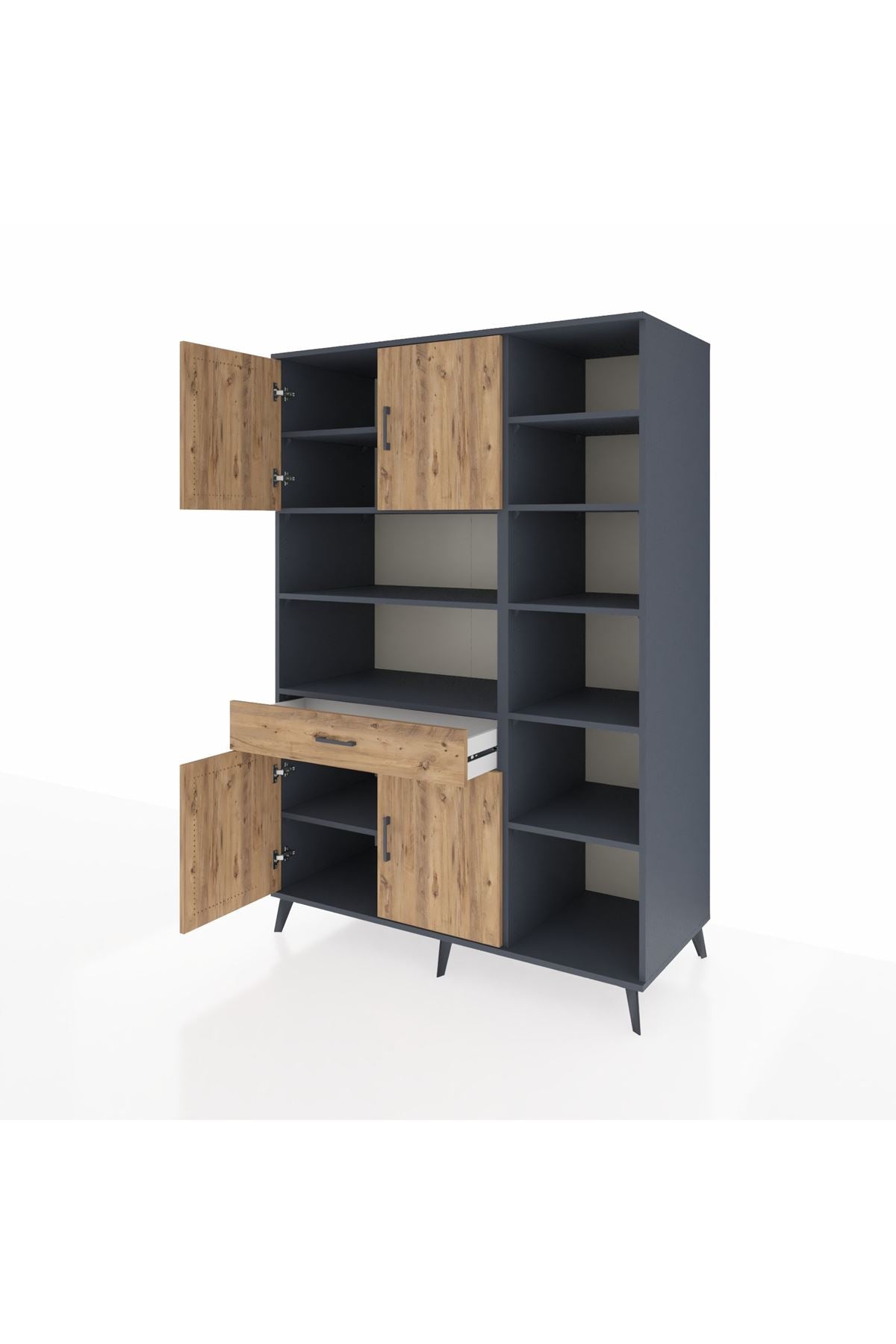 Kronos Dolap 10 Raflı Tek Çekmeceli 4 Kapaklı 132x59x195 Antrasit-Çam/Çam