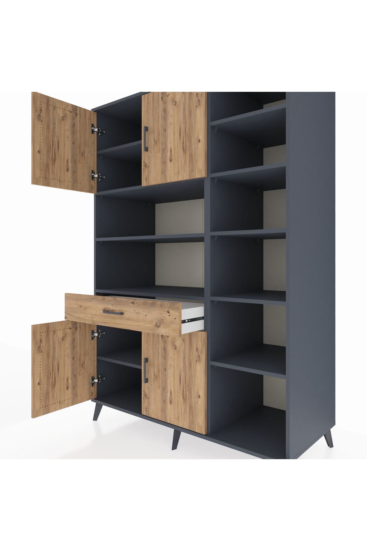 Kronos Dolap 10 Raflı Tek Çekmeceli 4 Kapaklı 132x59x195 Antrasit-Çam/Çam