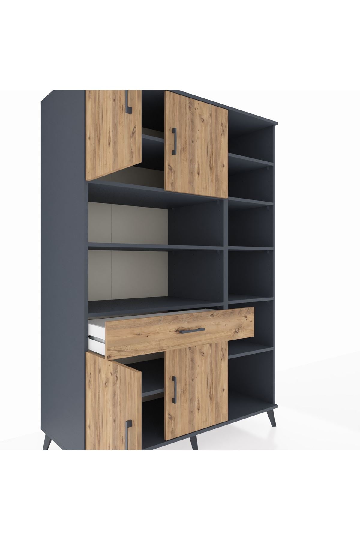Kronos Dolap 10 Raflı Tek Çekmeceli 4 Kapaklı 132x59x195 Antrasit-Çam/Çam