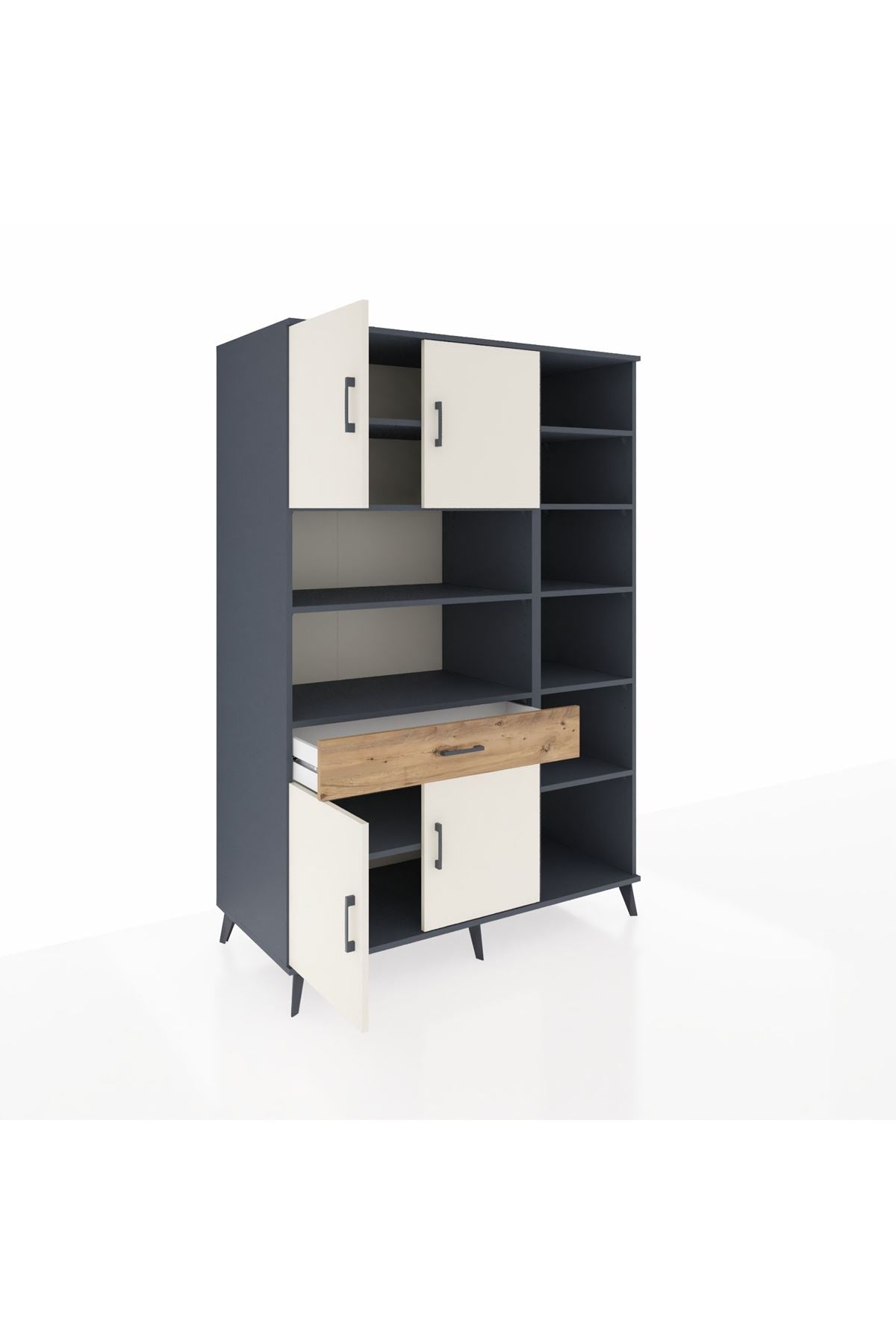 Kronos Dolap 10 Raflı Tek Çekmeceli 4 Kapaklı 132x59x195 Antrasit-Aytaşı/Çam