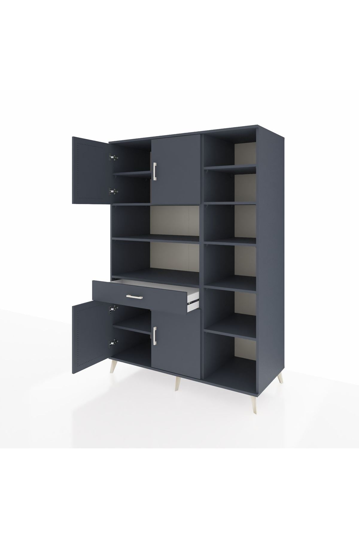 Kronos Dolap 10 Raflı Tek Çekmeceli 4 Kapaklı 132x59x195 Antrasit-Antrasit/Antrasit