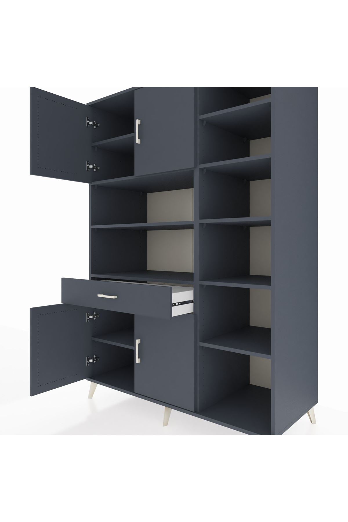 Kronos Dolap 10 Raflı Tek Çekmeceli 4 Kapaklı 132x59x195 Antrasit-Antrasit/Antrasit