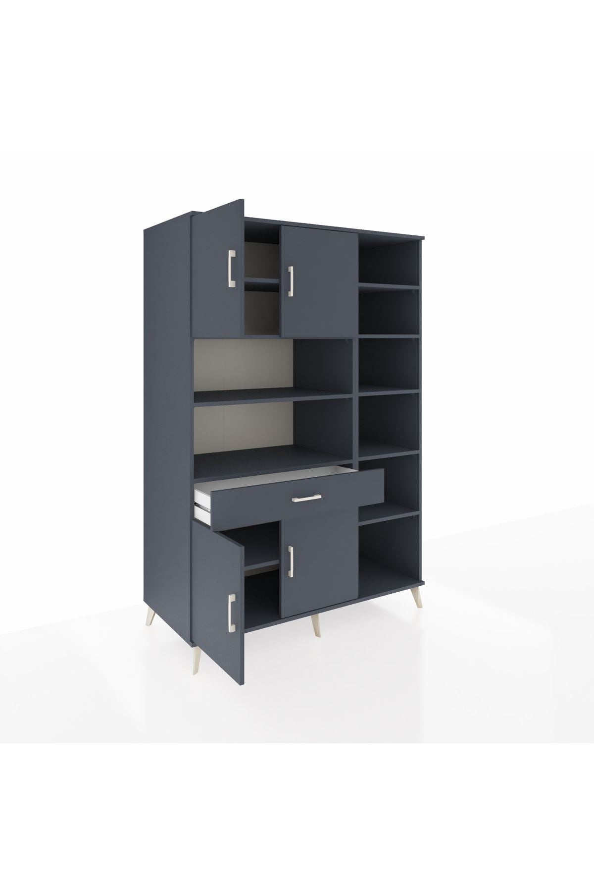 Kronos Dolap 10 Raflı Tek Çekmeceli 4 Kapaklı 132x59x195 Antrasit-Antrasit/Antrasit