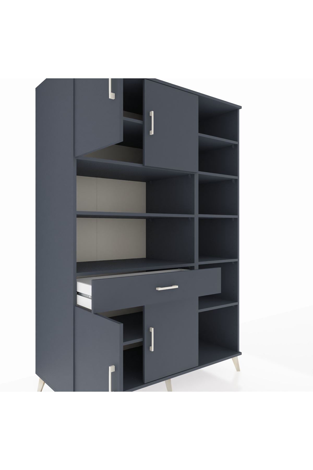 Kronos Dolap 10 Raflı Tek Çekmeceli 4 Kapaklı 132x59x195 Antrasit-Antrasit/Antrasit