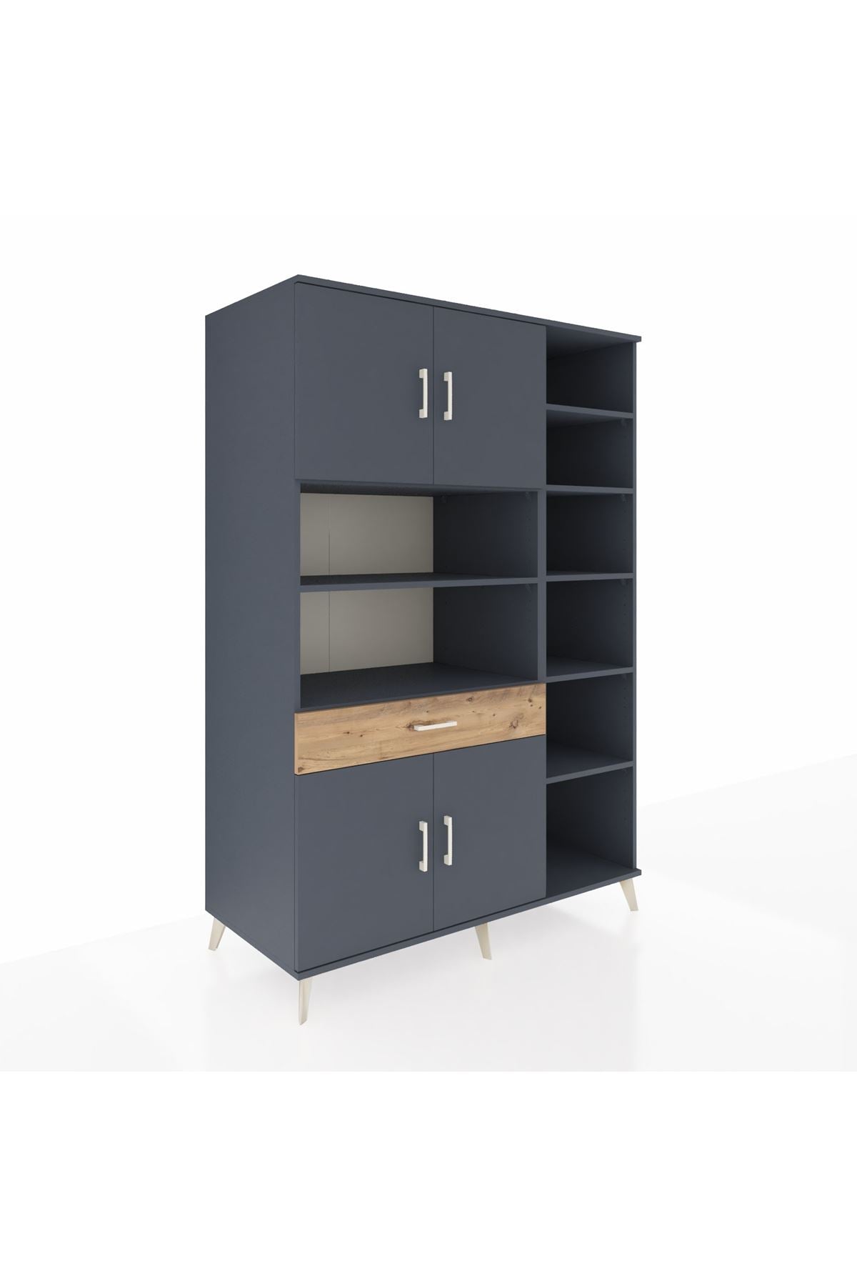 Kronos Dolap 10 Raflı Tek Çekmeceli 4 Kapaklı 132x59x195 Antrasit-Antrasit/Çam