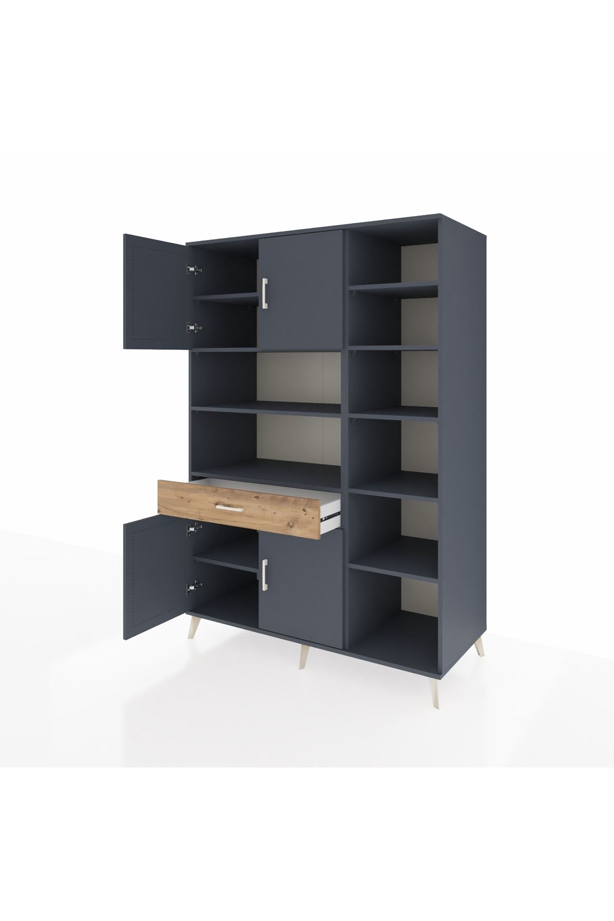 Kronos Dolap 10 Raflı Tek Çekmeceli 4 Kapaklı 132x59x195 Antrasit-Antrasit/Çam