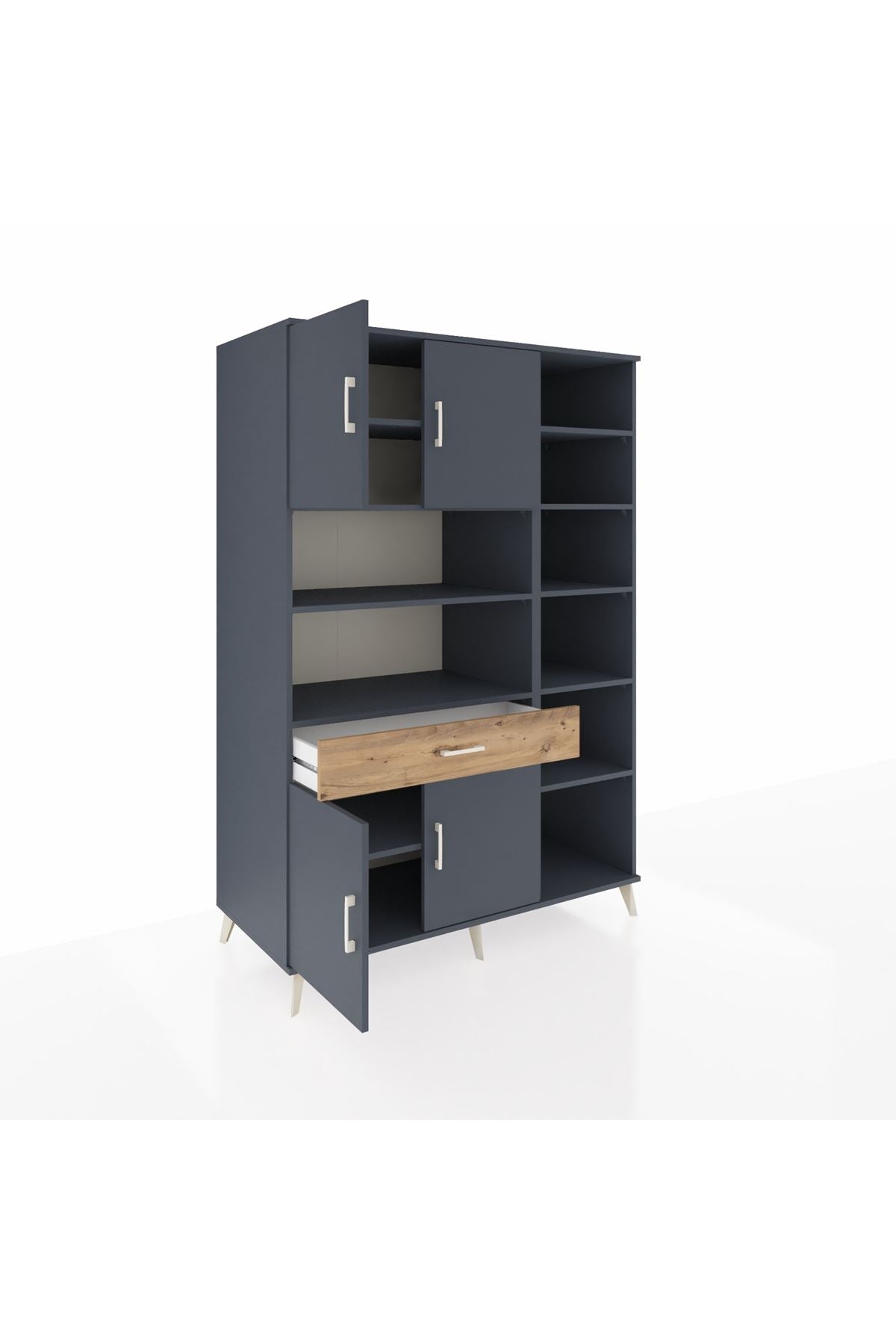 Kronos Dolap 10 Raflı Tek Çekmeceli 4 Kapaklı 132x59x195 Antrasit-Antrasit/Çam