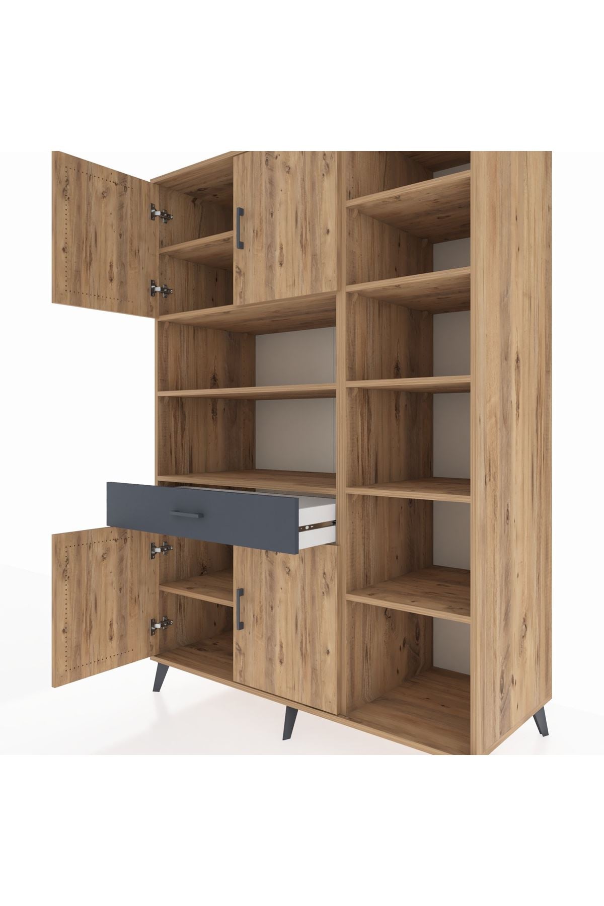 Kronos Dolap 10 Raflı Tek Çekmeceli 4 Kapaklı 132x59x195 Çam-Çam/Antrasit