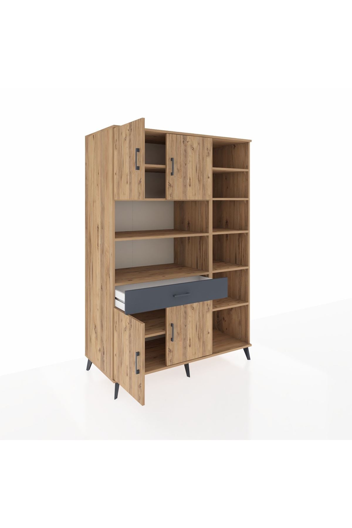 Kronos Dolap 10 Raflı Tek Çekmeceli 4 Kapaklı 132x59x195 Çam-Çam/Antrasit