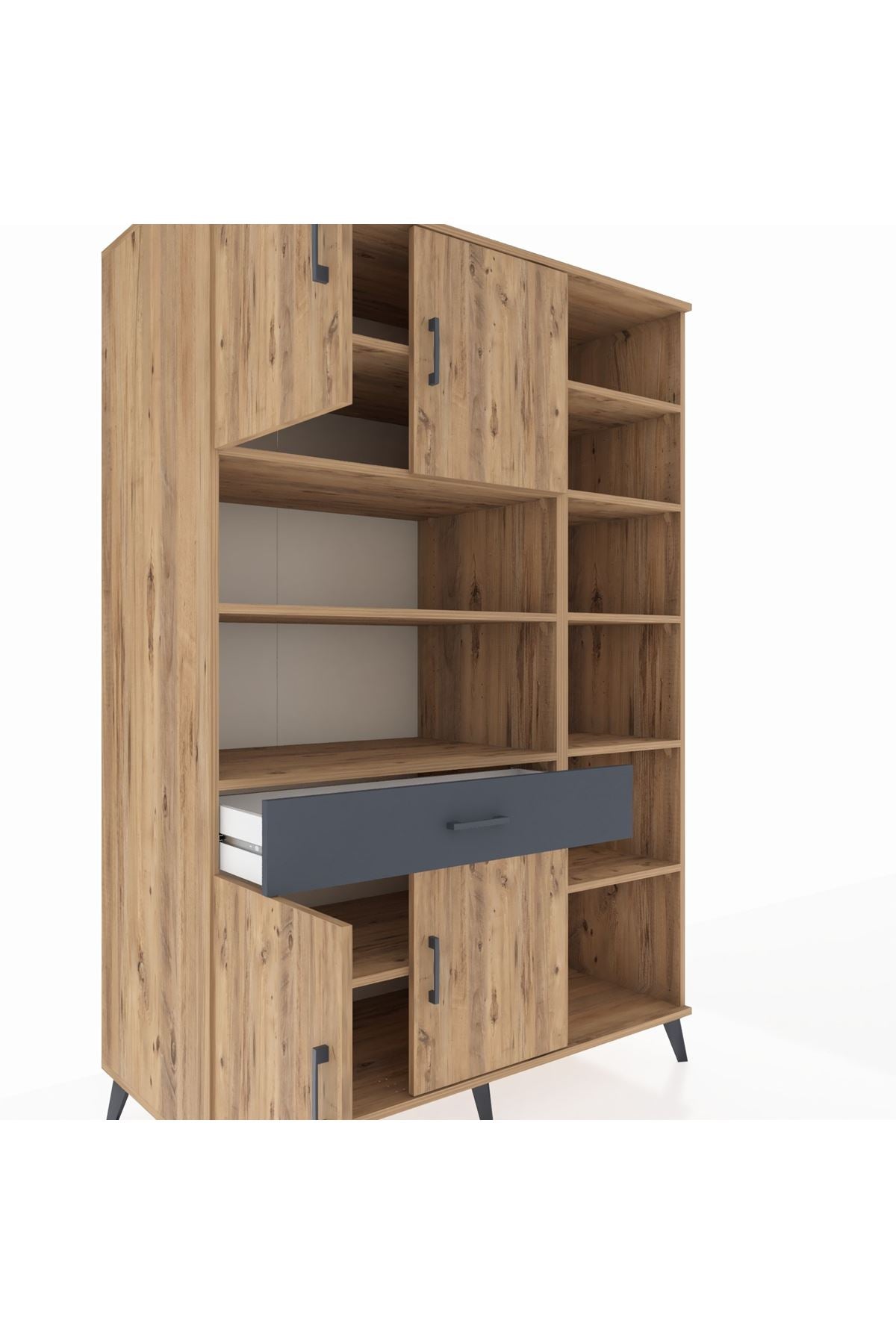 Kronos Dolap 10 Raflı Tek Çekmeceli 4 Kapaklı 132x59x195 Çam-Çam/Antrasit