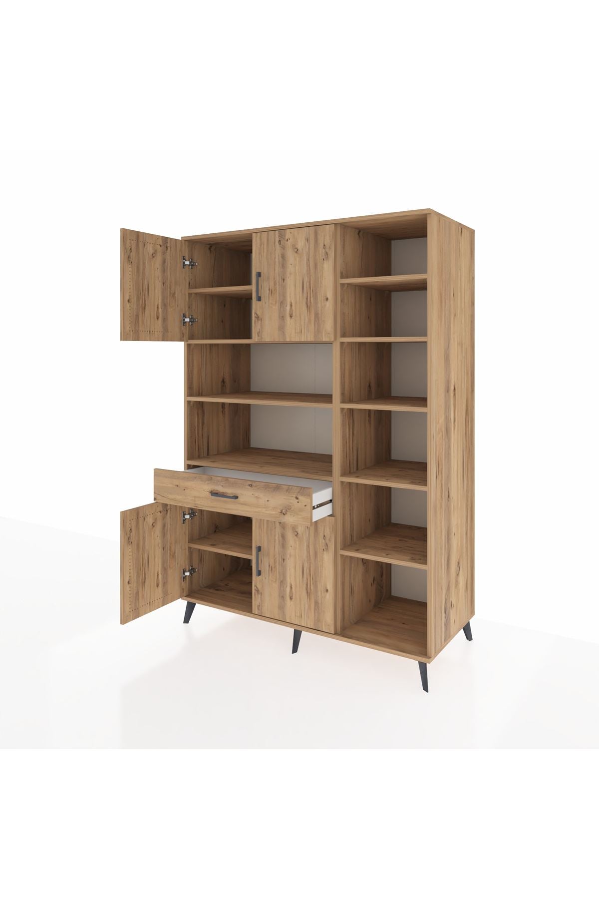 Kronos Dolap 10 Raflı Tek Çekmeceli 4 Kapaklı 132x59x195 Çam-Çam/Çam