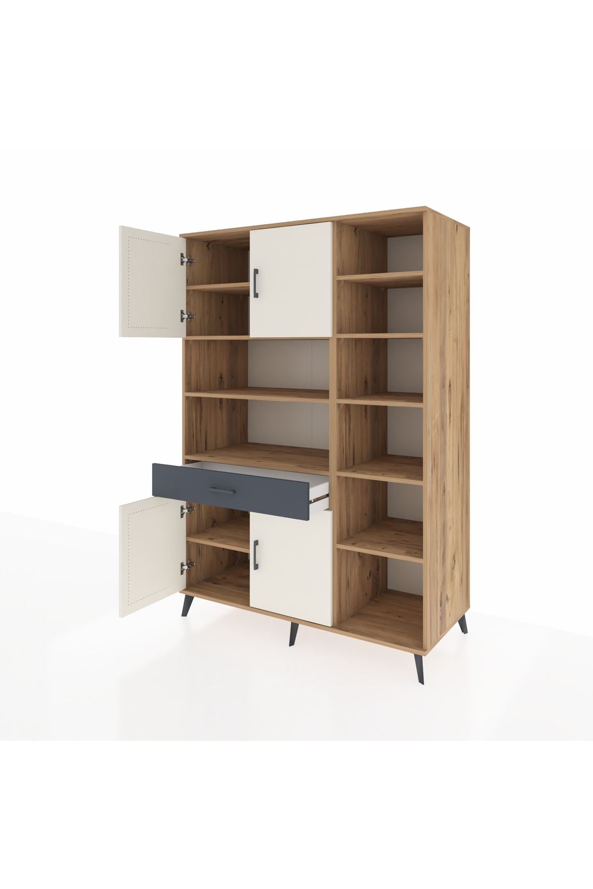 Kronos Dolap 10 Raflı Tek Çekmeceli 4 Kapaklı 132x59x195 Çam-Aytaşı/Antrasit