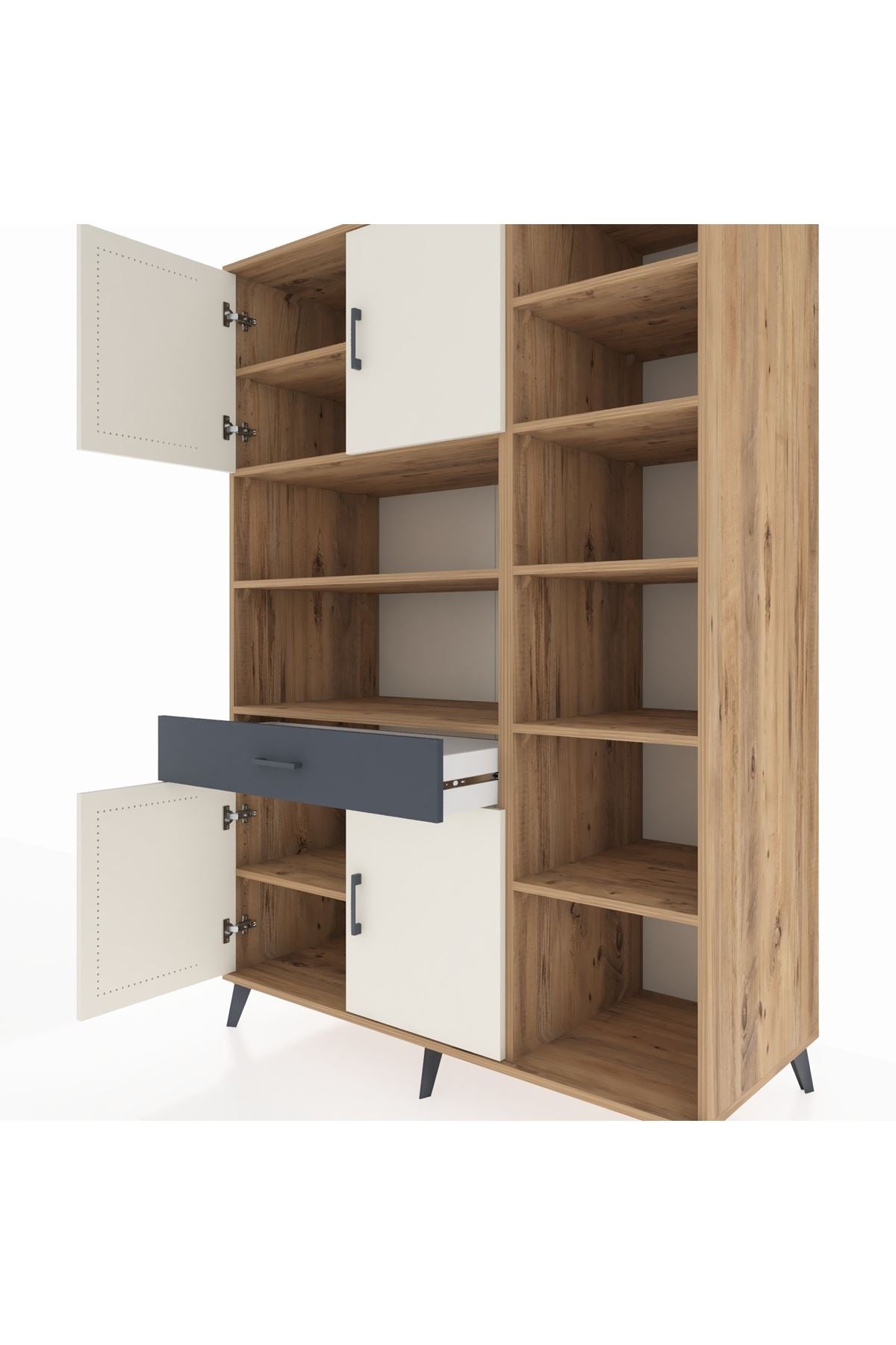 Kronos Dolap 10 Raflı Tek Çekmeceli 4 Kapaklı 132x59x195 Çam-Aytaşı/Antrasit