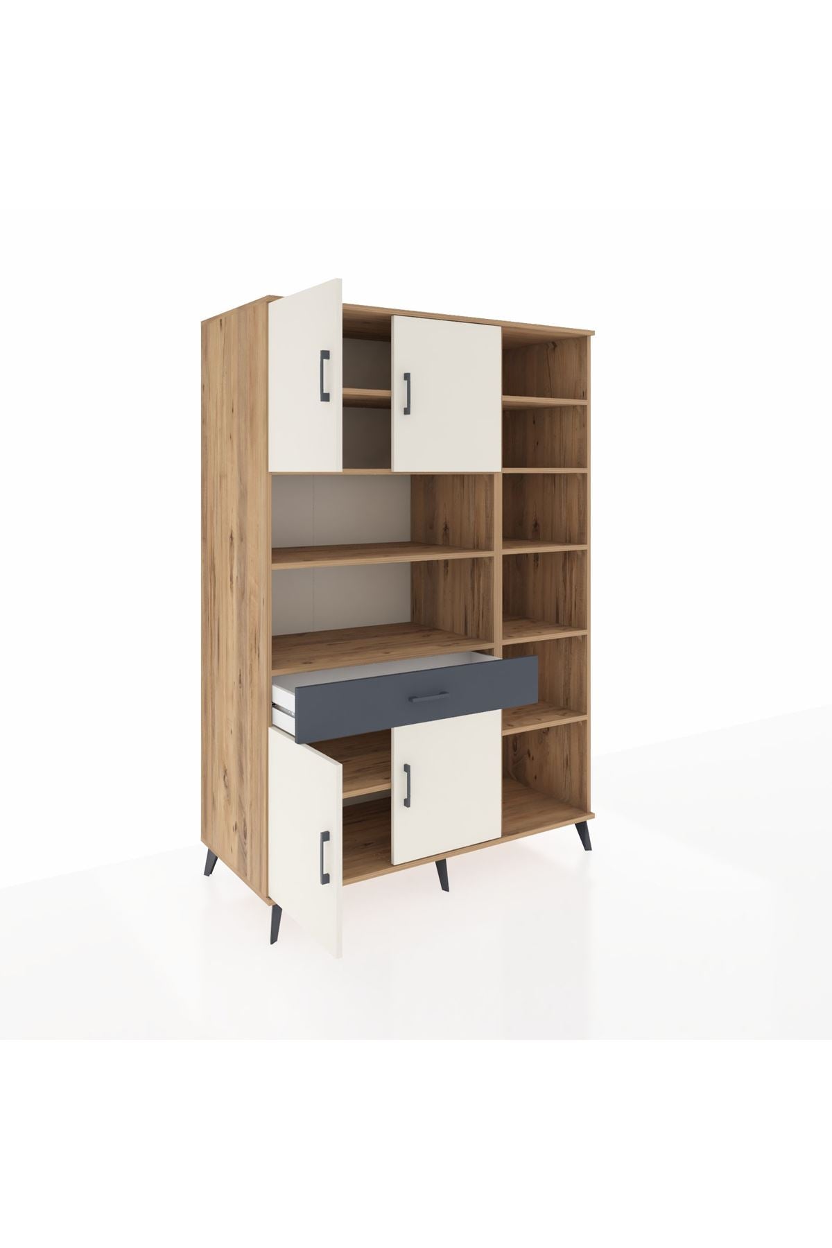 Kronos Dolap 10 Raflı Tek Çekmeceli 4 Kapaklı 132x59x195 Çam-Aytaşı/Antrasit