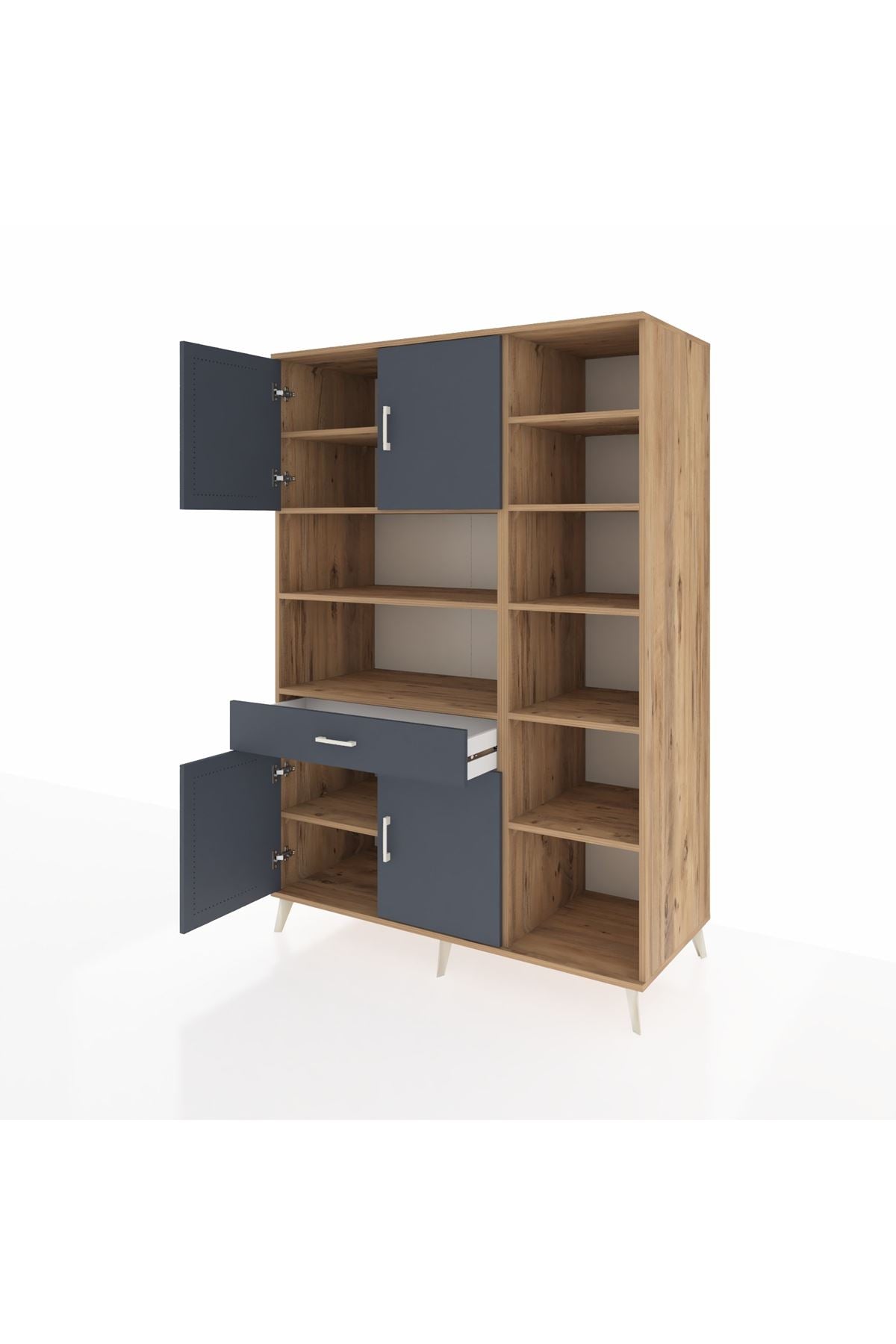 Kronos Dolap 10 Raflı Tek Çekmeceli 4 Kapaklı 132x59x195 Çam-Antrasit/Antrasit