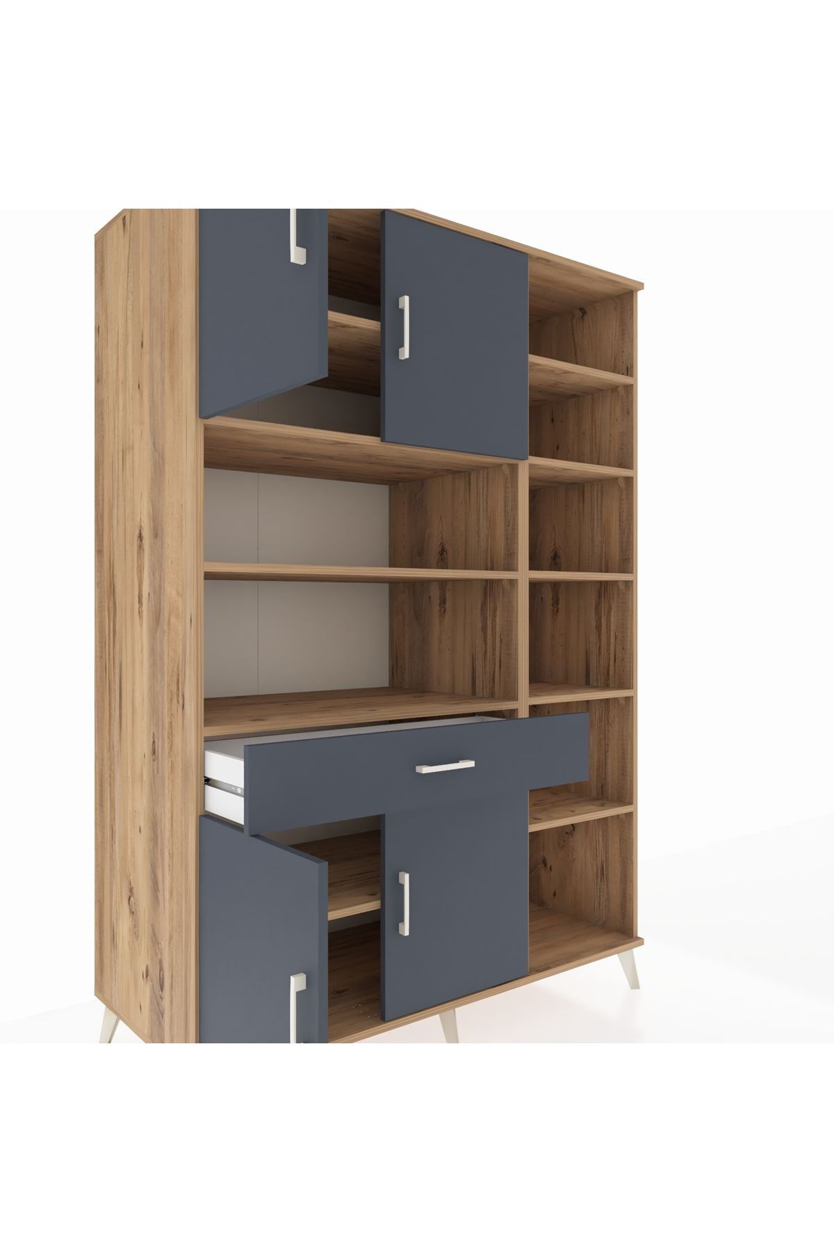 Kronos Dolap 10 Raflı Tek Çekmeceli 4 Kapaklı 132x59x195 Çam-Antrasit/Antrasit