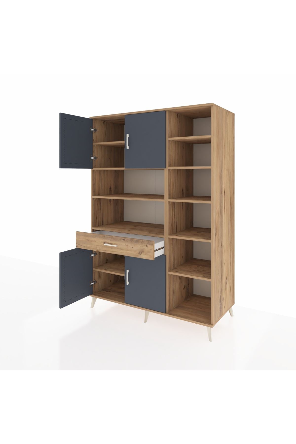 Kronos Dolap 10 Raflı Tek Çekmeceli 4 Kapaklı 132x59x195 Çam-Antrasit/Çam