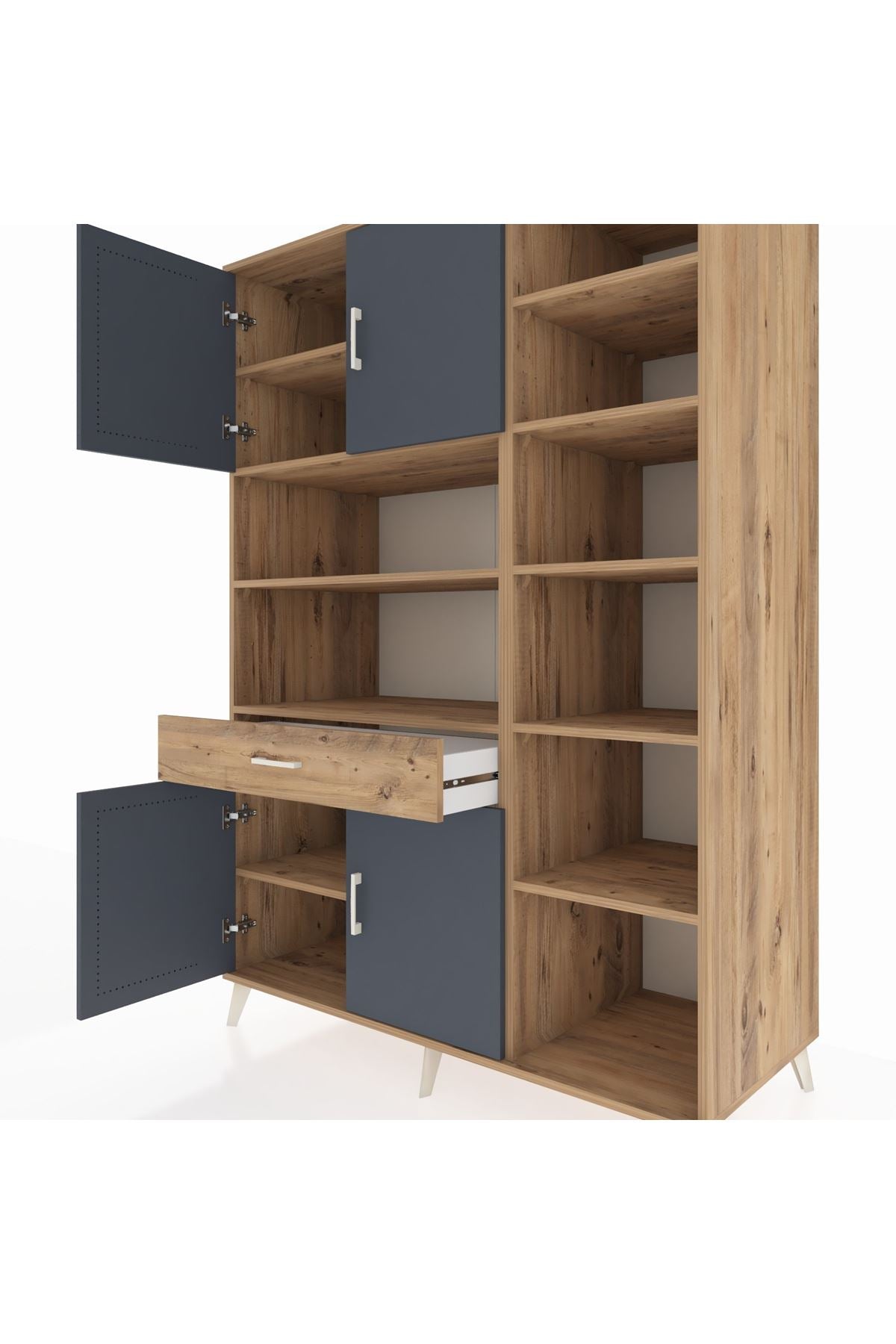 Kronos Dolap 10 Raflı Tek Çekmeceli 4 Kapaklı 132x59x195 Çam-Antrasit/Çam