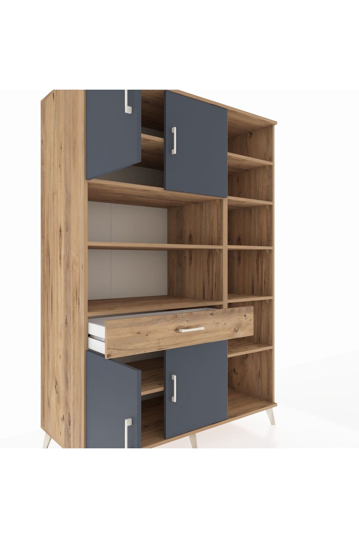 Kronos Dolap 10 Raflı Tek Çekmeceli 4 Kapaklı 132x59x195 Çam-Antrasit/Çam