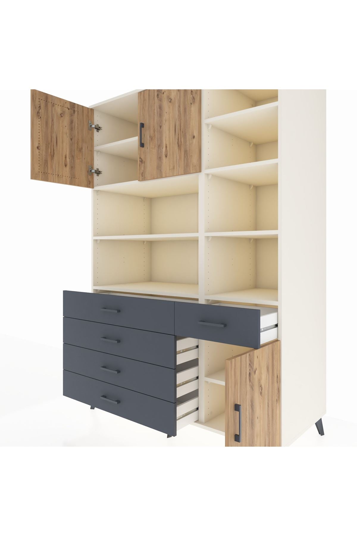 Kronos Dolap 9 Raflı 5 Çekmeceli 3 Kapaklı 132x59x195 Aytaşı-Çam/Antrasit