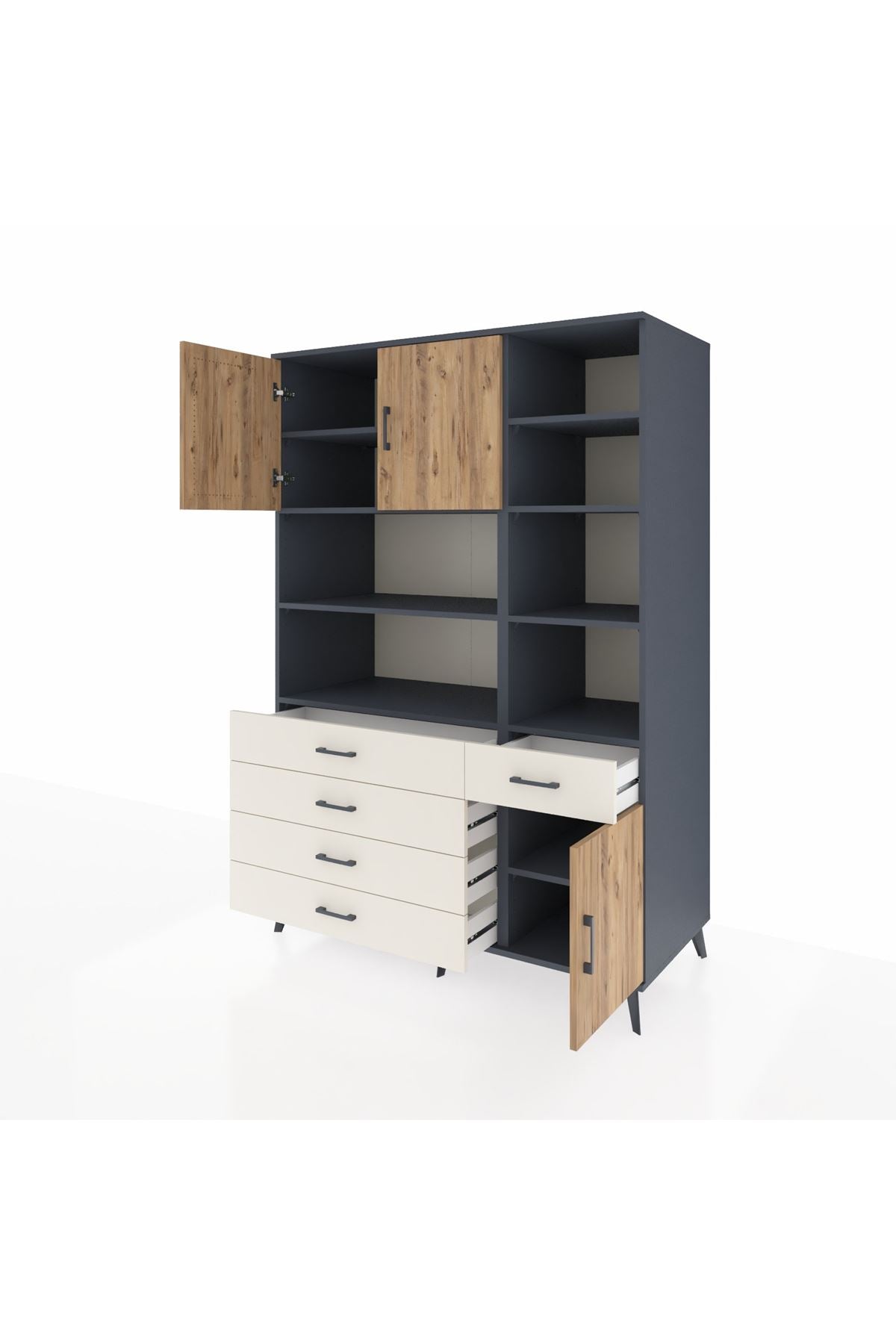 Kronos Dolap 9 Raflı 5 Çekmeceli 3 Kapaklı 132x59x195 Antrasit-Çam/Aytaşı