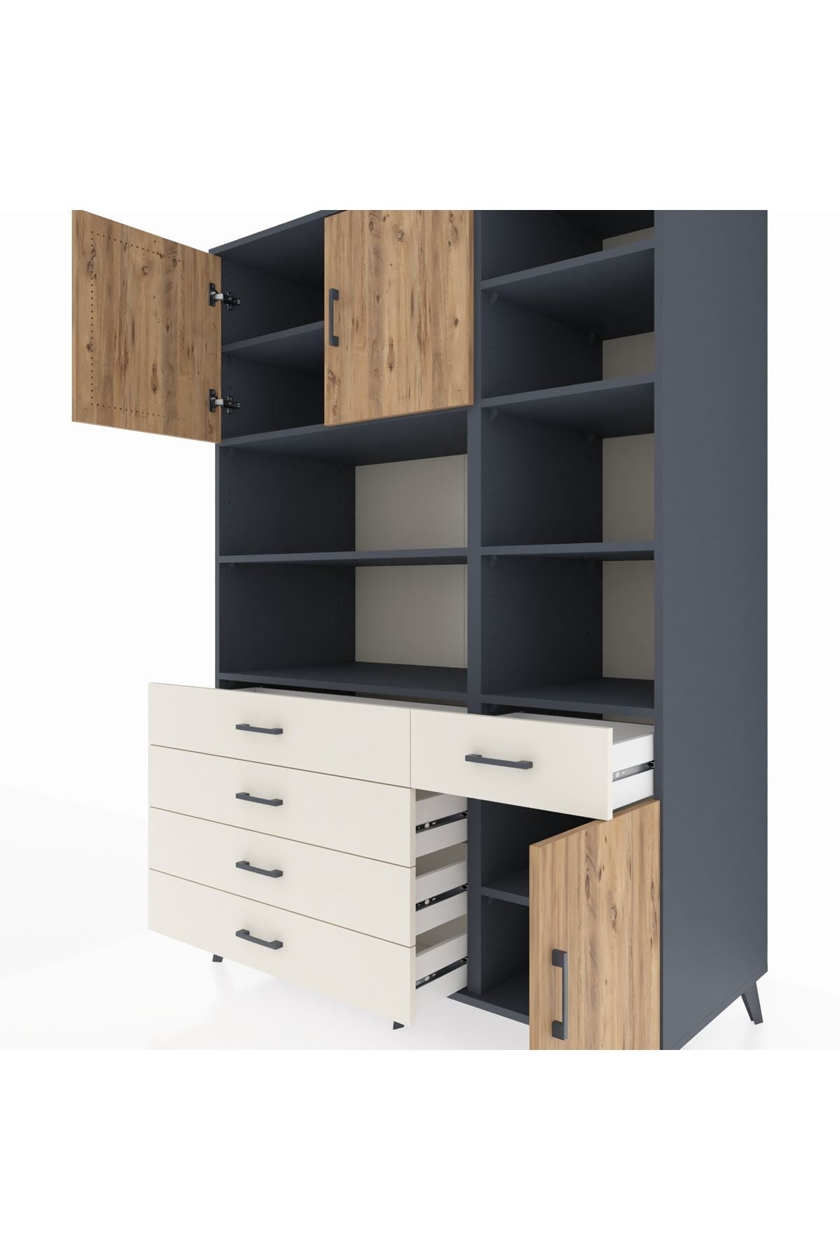 Kronos Dolap 9 Raflı 5 Çekmeceli 3 Kapaklı 132x59x195 Antrasit-Çam/Aytaşı