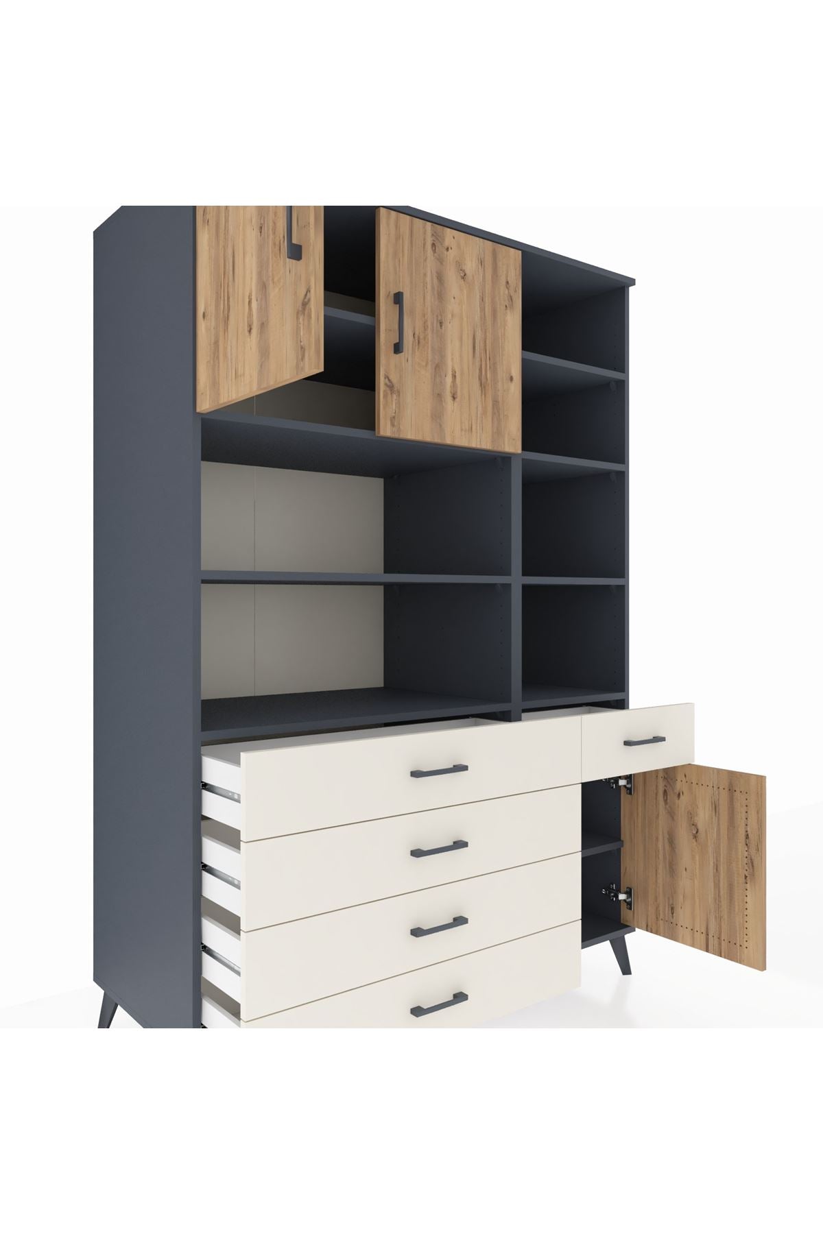 Kronos Dolap 9 Raflı 5 Çekmeceli 3 Kapaklı 132x59x195 Antrasit-Çam/Aytaşı
