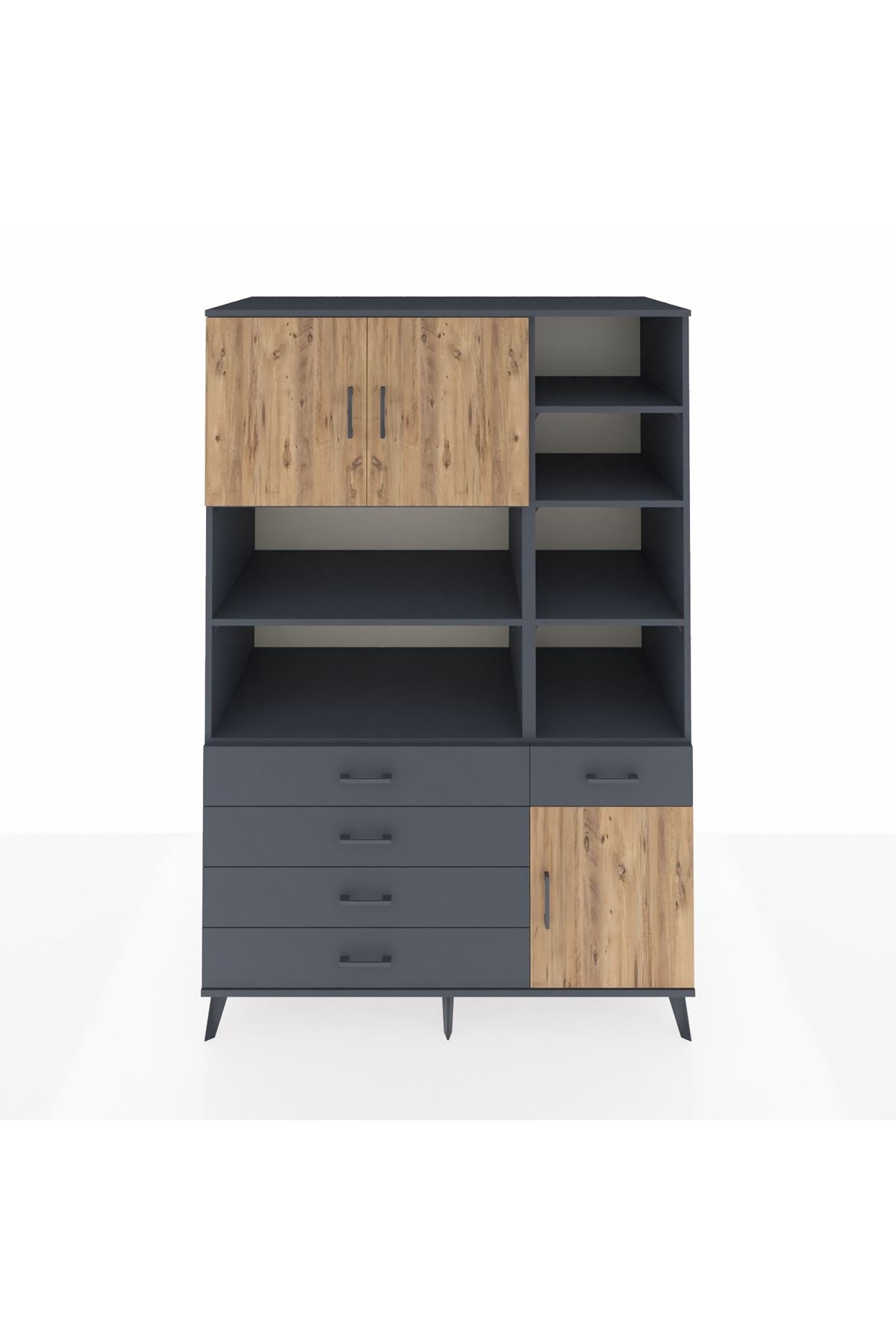 Kronos Dolap 9 Raflı 5 Çekmeceli 3 Kapaklı 132x59x195 Antrasit-Çam/Antrasit