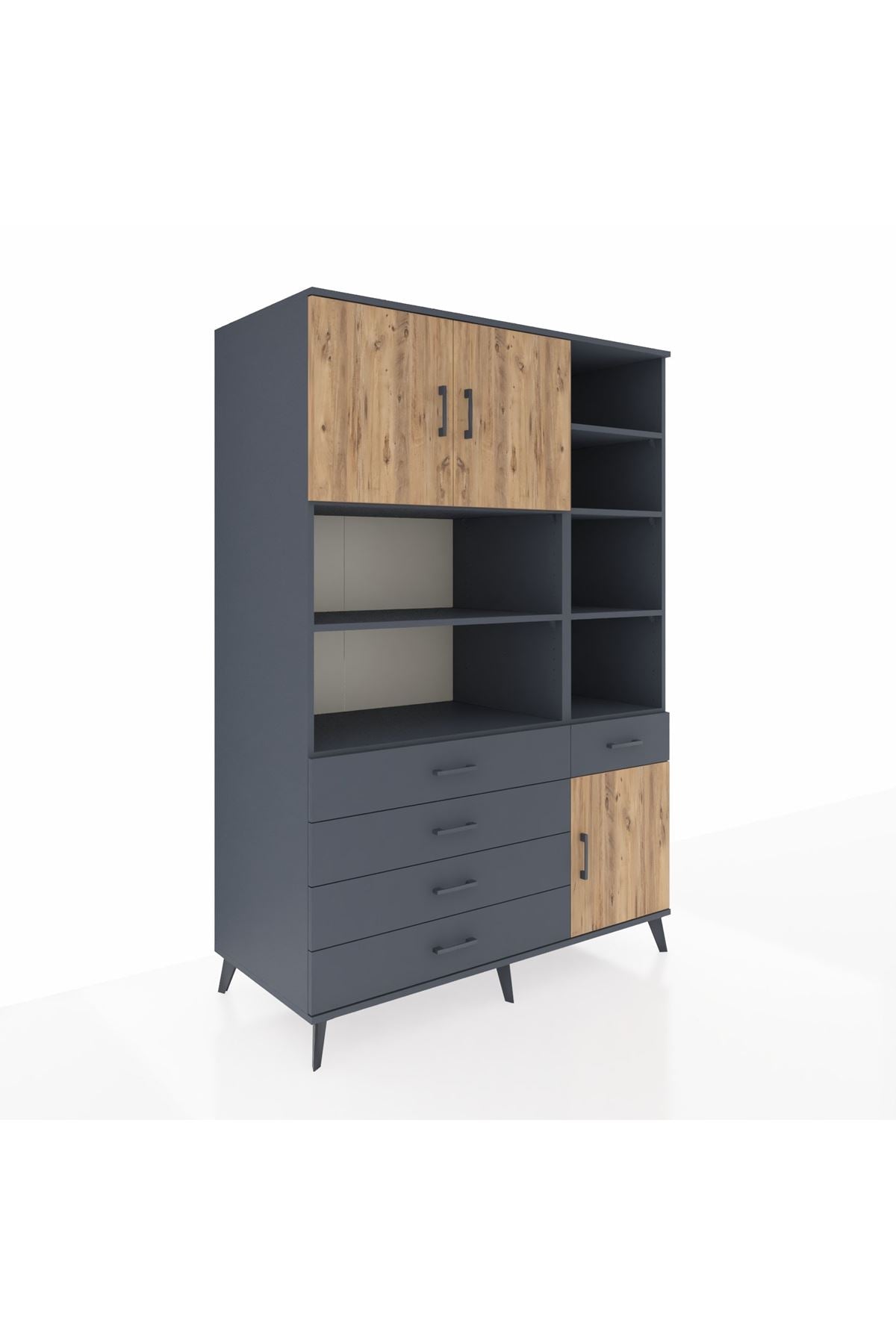 Kronos Dolap 9 Raflı 5 Çekmeceli 3 Kapaklı 132x59x195 Antrasit-Çam/Antrasit