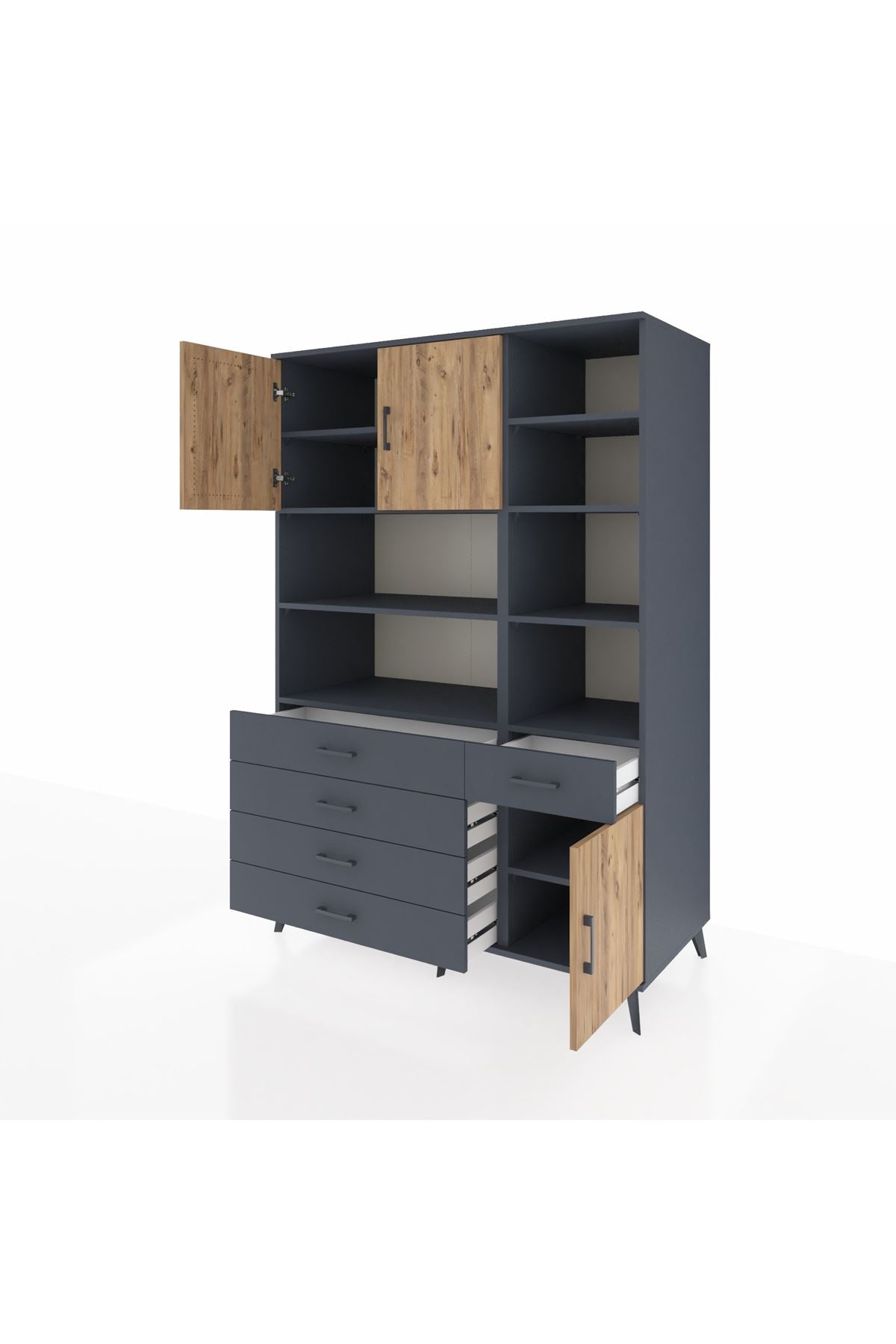 Kronos Dolap 9 Raflı 5 Çekmeceli 3 Kapaklı 132x59x195 Antrasit-Çam/Antrasit