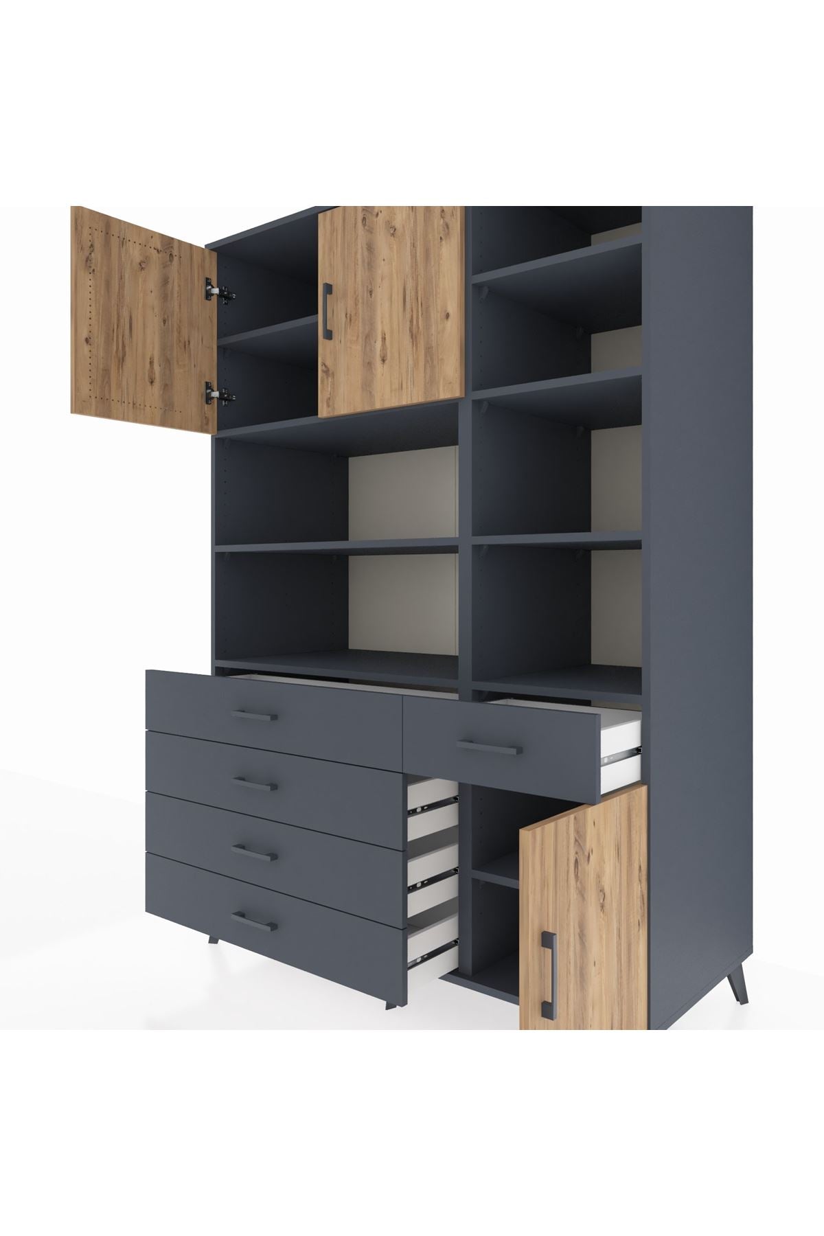 Kronos Dolap 9 Raflı 5 Çekmeceli 3 Kapaklı 132x59x195 Antrasit-Çam/Antrasit