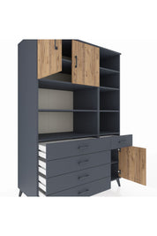 Kronos Dolap 9 Raflı 5 Çekmeceli 3 Kapaklı 132x59x195 Antrasit-Çam/Antrasit