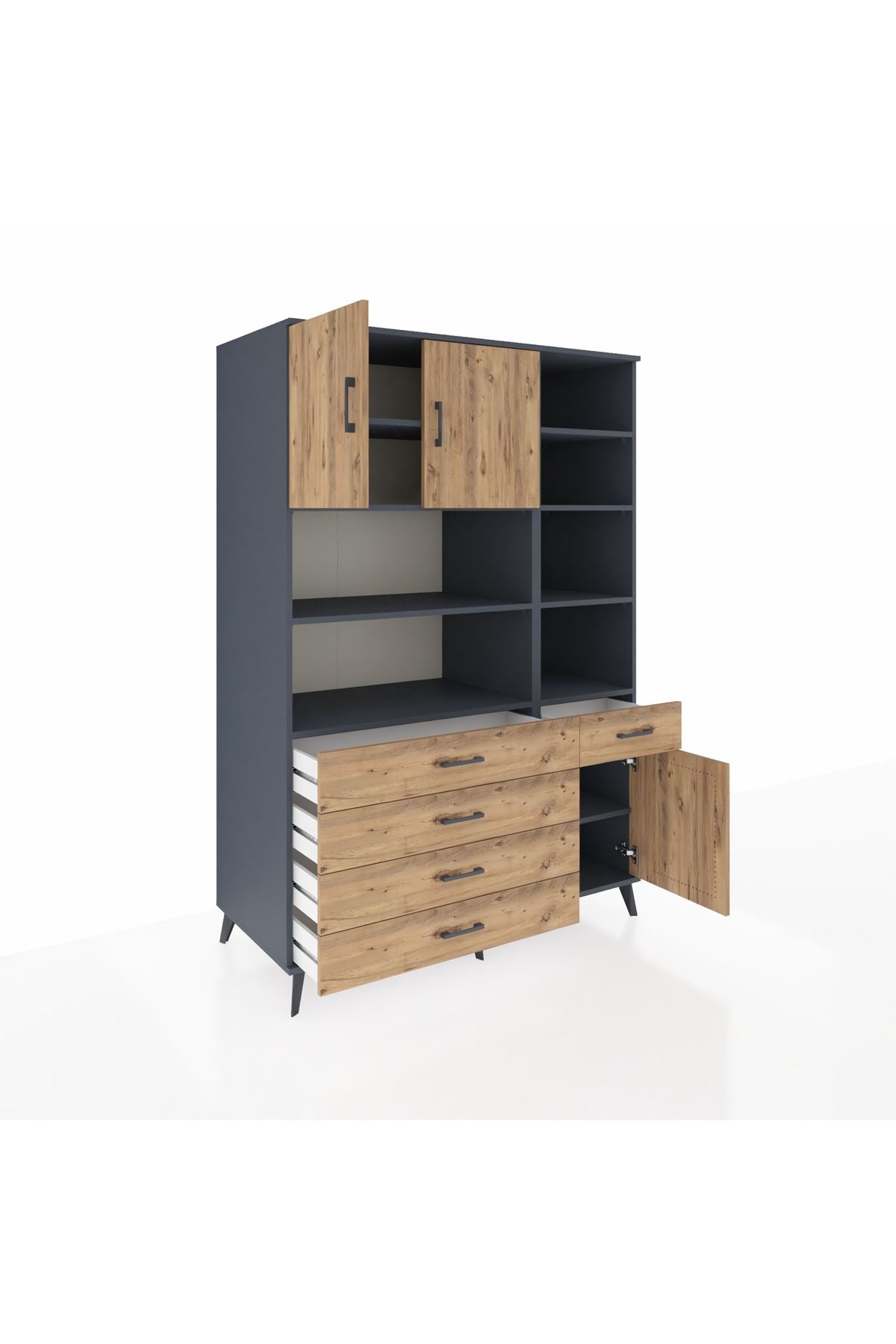 Kronos Dolap 9 Raflı 5 Çekmeceli 3 Kapaklı 132x59x195 Antrasit-Çam/Çam