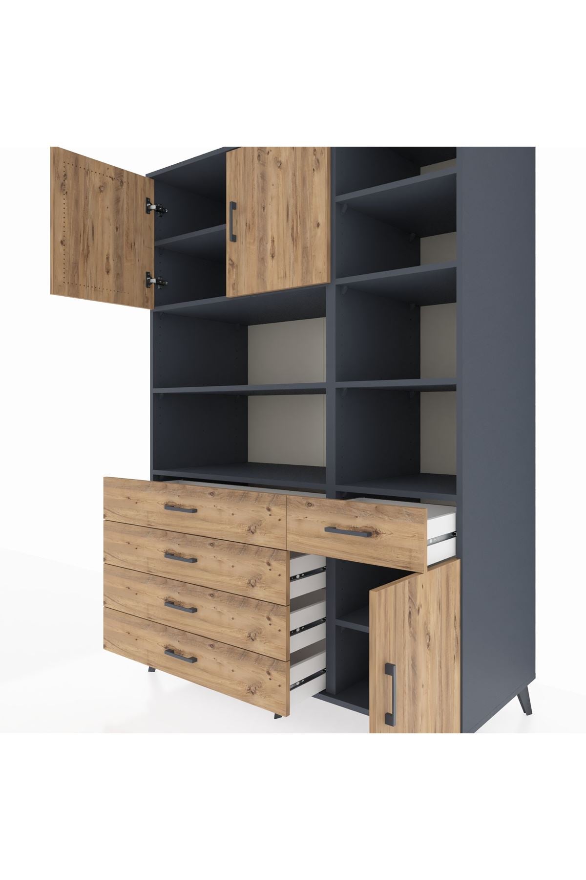 Kronos Dolap 9 Raflı 5 Çekmeceli 3 Kapaklı 132x59x195 Antrasit-Çam/Çam
