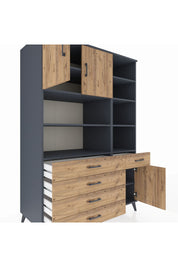 Kronos Dolap 9 Raflı 5 Çekmeceli 3 Kapaklı 132x59x195 Antrasit-Çam/Çam