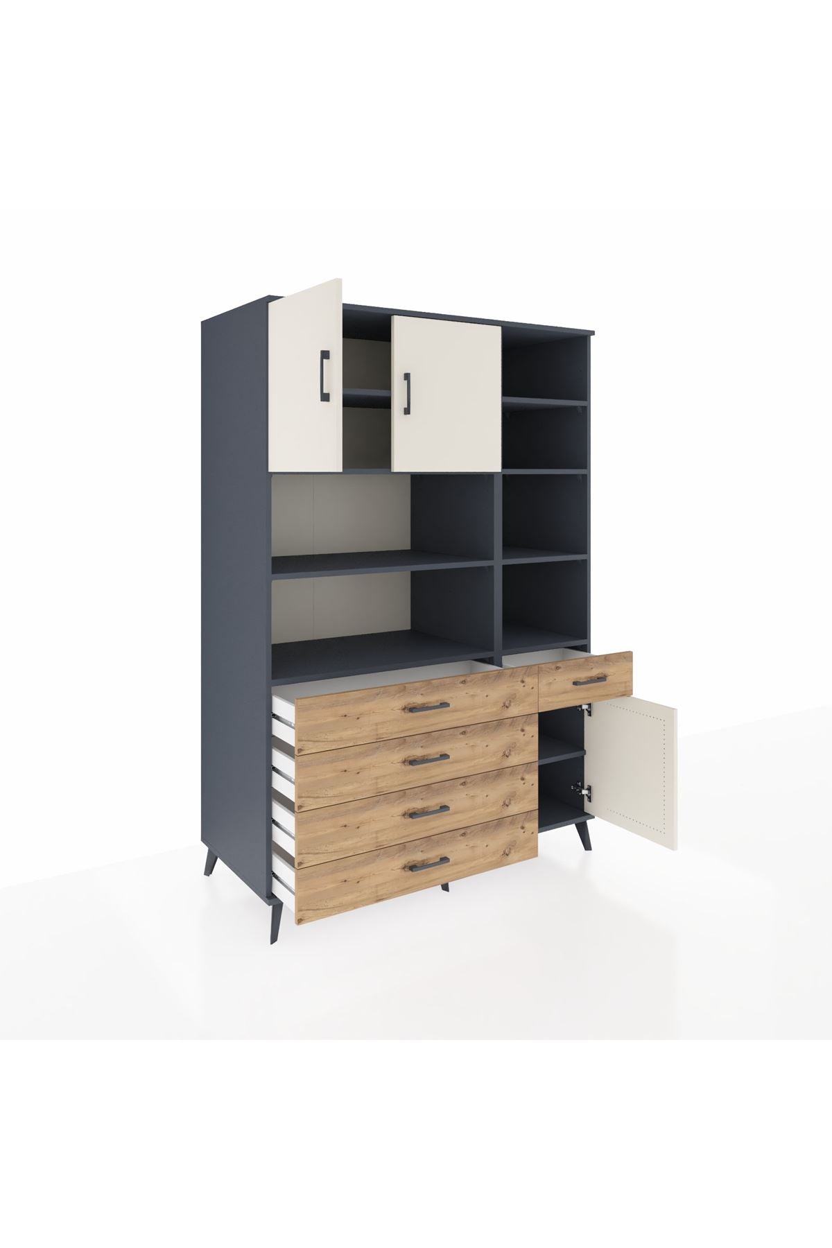Kronos Dolap 9 Raflı 5 Çekmeceli 3 Kapaklı 132x59x195 Antrasit-Aytaşı/Çam