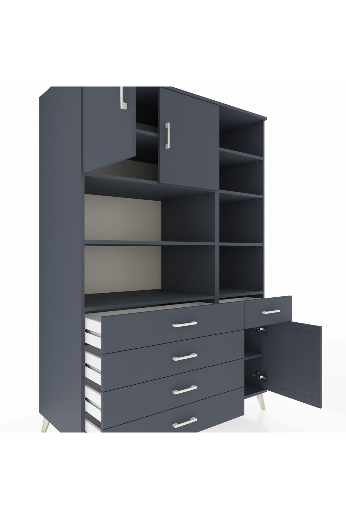 Kronos Dolap 9 Raflı 5 Çekmeceli 3 Kapaklı 132x59x195 Antrasit-Antrasit/Antrasit