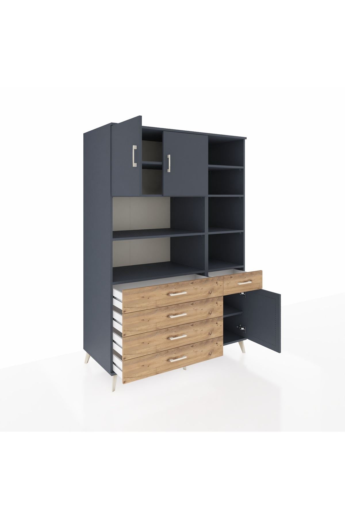 Kronos Dolap 9 Raflı 5 Çekmeceli 3 Kapaklı 132x59x195 Antrasit-Antrasit/Çam