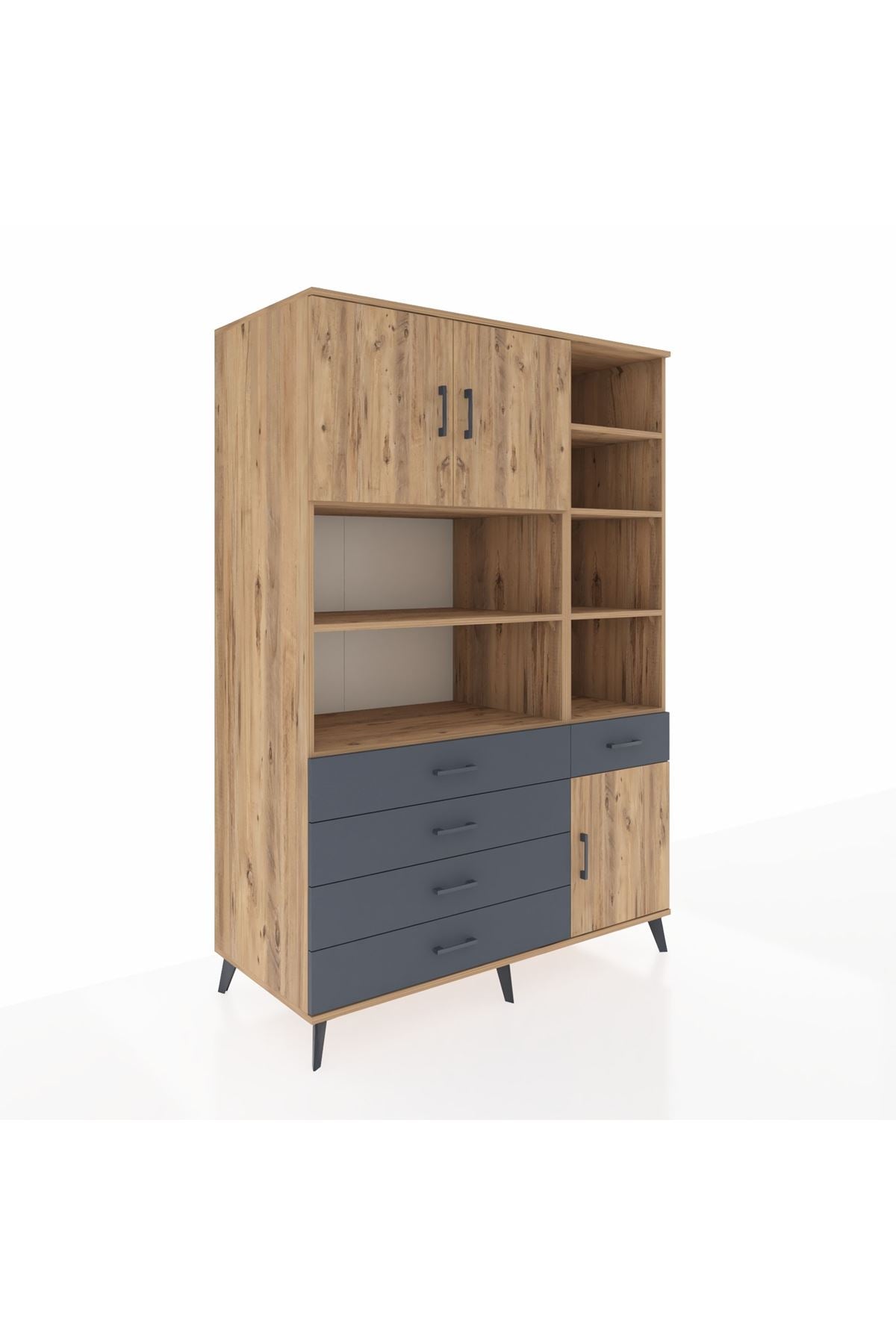 Kronos Dolap 9 Raflı 5 Çekmeceli 3 Kapaklı 132x59x195 Çam-Çam/Antrasit